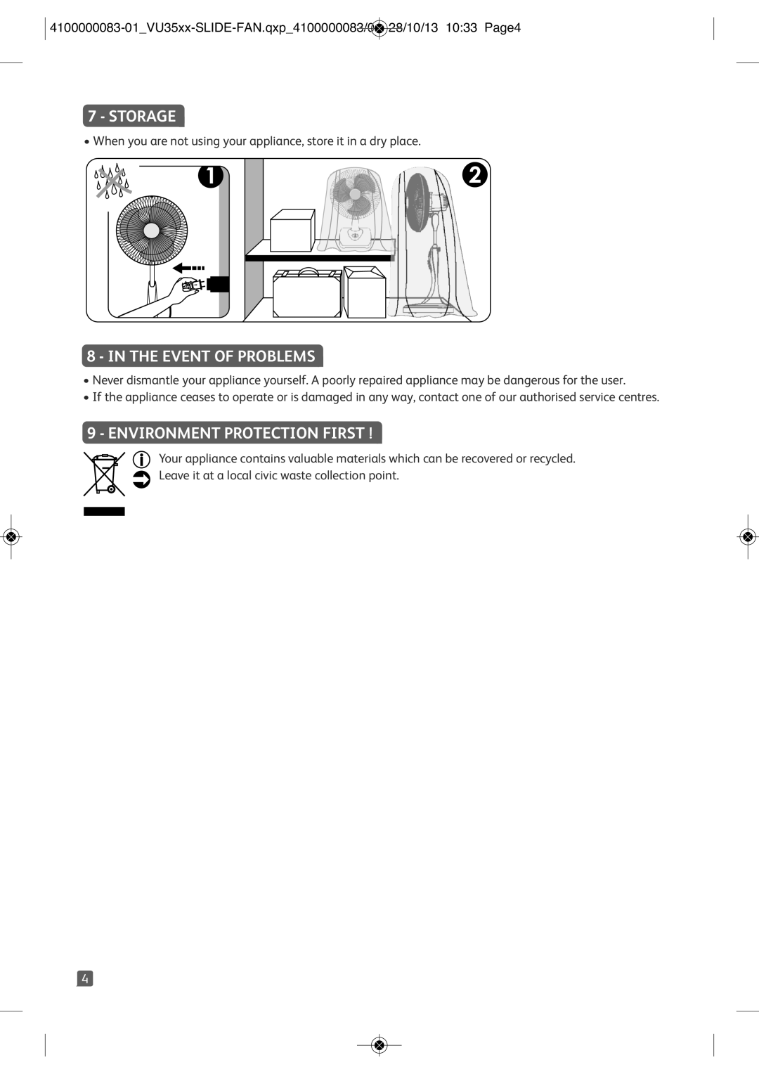 Tefal VU3520T1, VU3520S1, VU3520T0, VU3520T2 manual Storage, Event of Problems, Environment Protection First 