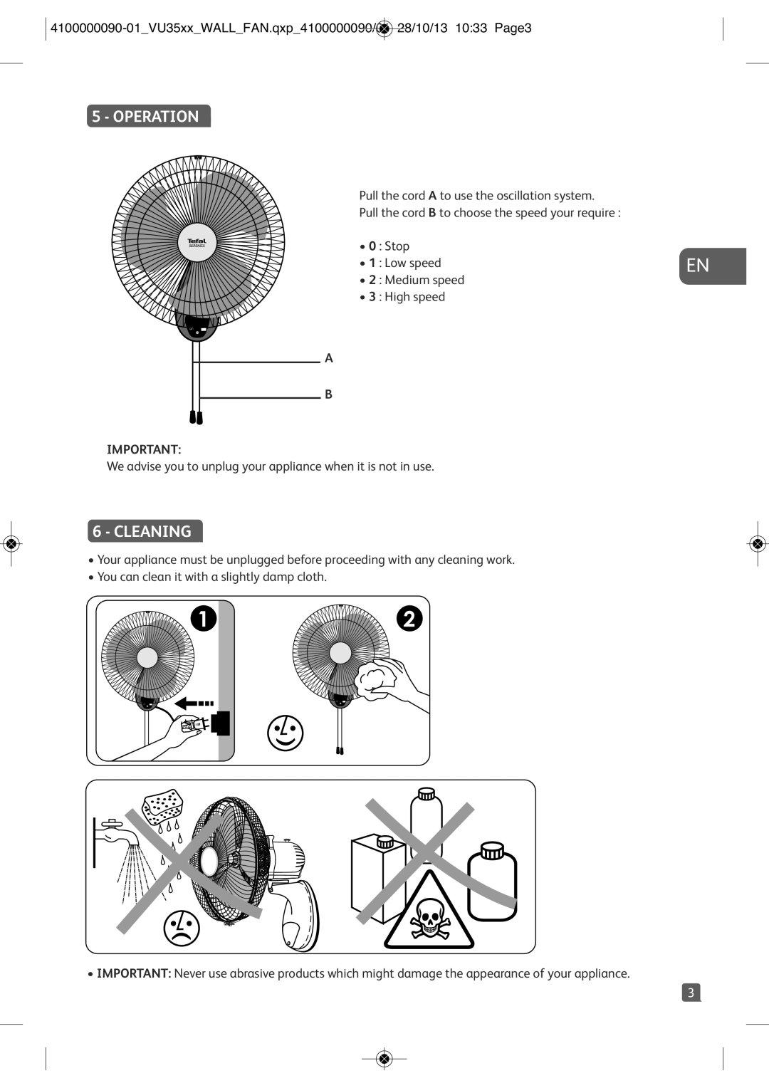 Tefal VU3530T1, VU3530T2, VU3530T0, VU3530S1 manual Operation, Cleaning 