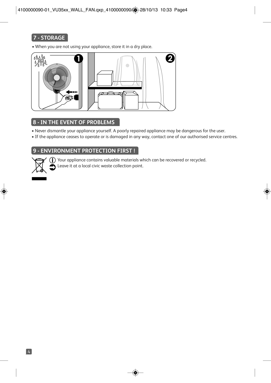 Tefal VU3530T0, VU3530T2, VU3530T1, VU3530S1 manual Storage, Event of Problems, Environment Protection First 