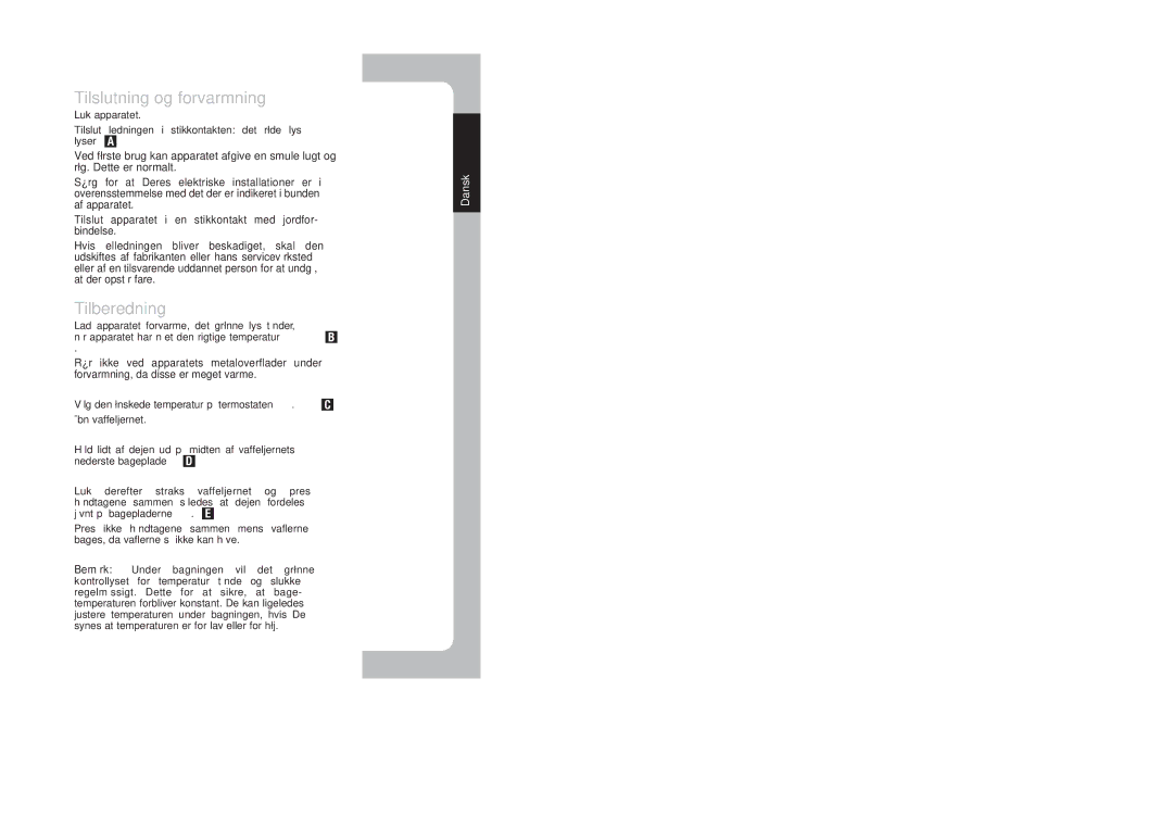 Tefal WD300034, WD300033 manual Tilslutning og forvarmning, Tilberedning, FrançaisDansk 