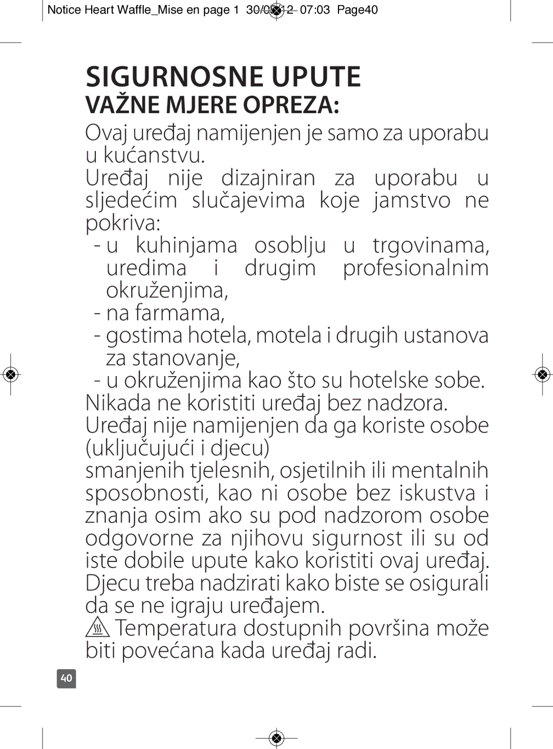 Tefal WM311D11 manual Sigurnosne Upute, Važne Mjere Opreza 