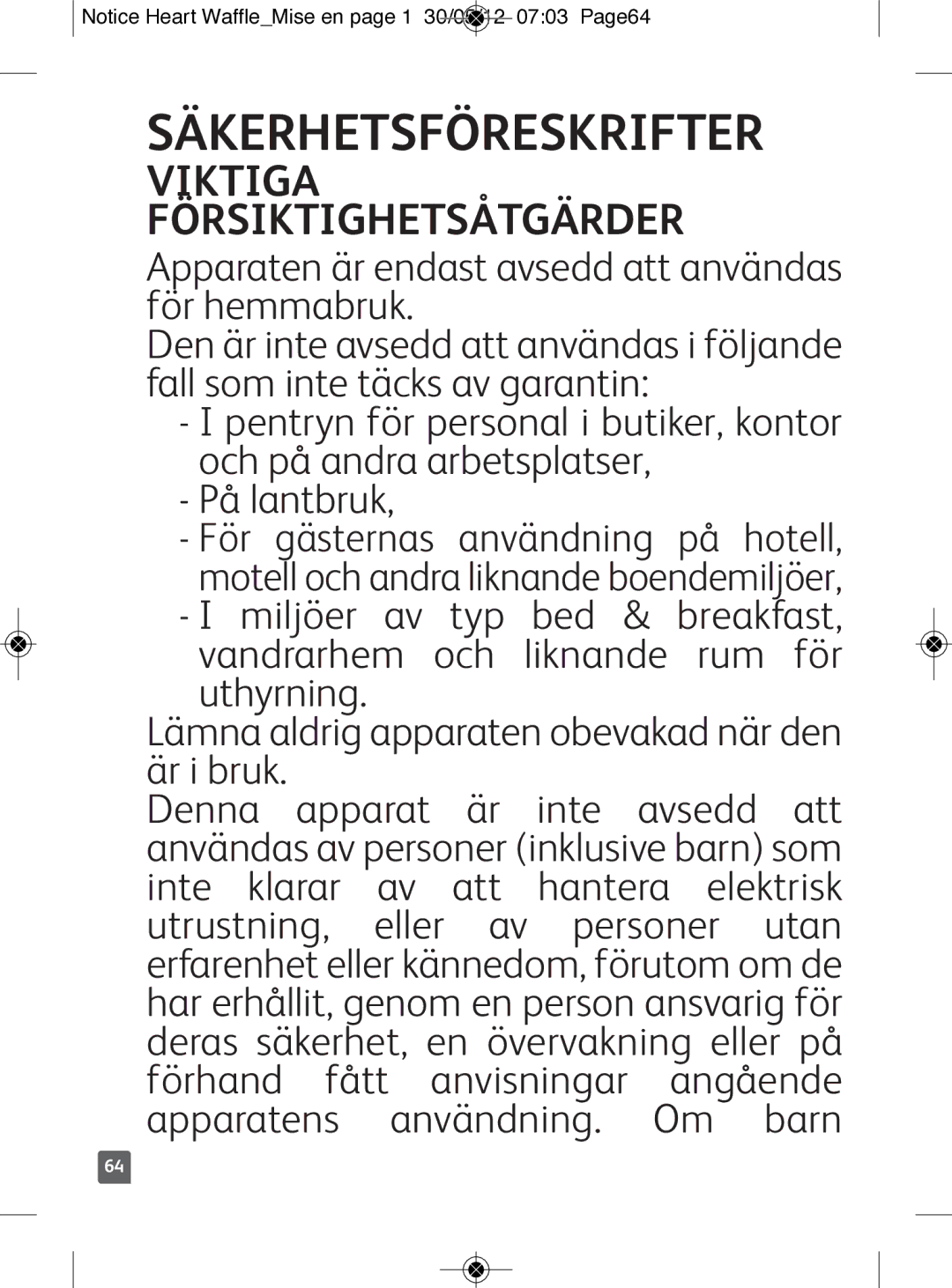 Tefal WM311D11 manual Säkerhetsföreskrifter, Viktiga Försiktighetsåtgärder 