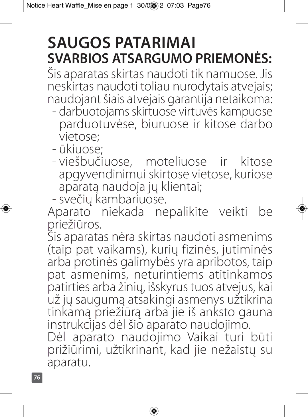 Tefal WM311D11 manual Saugos Patarimai, Svarbios Atsargumo Priemonės 