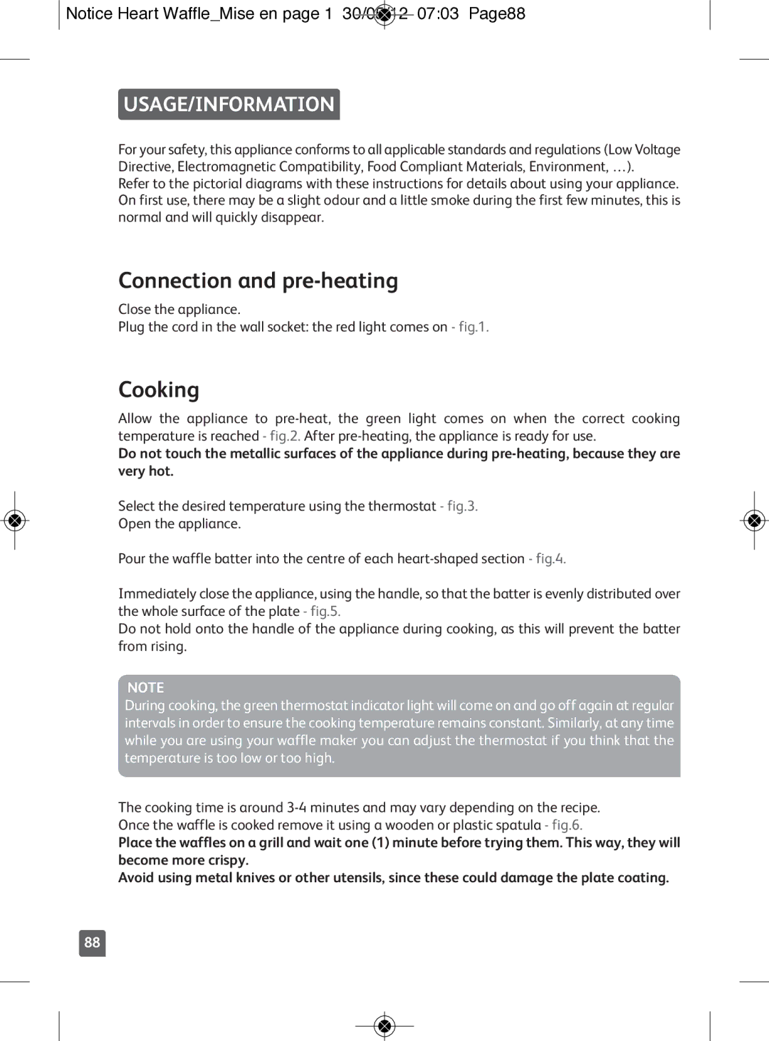 Tefal WM311D11 manual Connection and pre-heating, Cooking, Usage/Information 