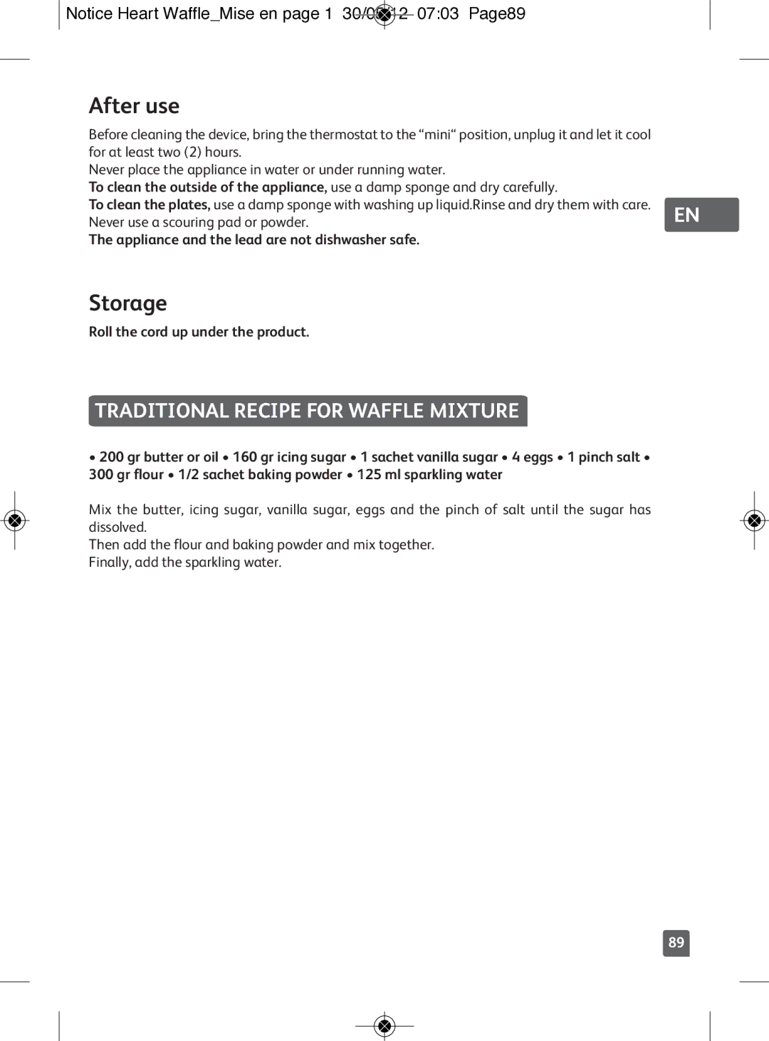 Tefal WM311D11 manual After use, Storage, Traditional Recipe for Waffle Mixture 