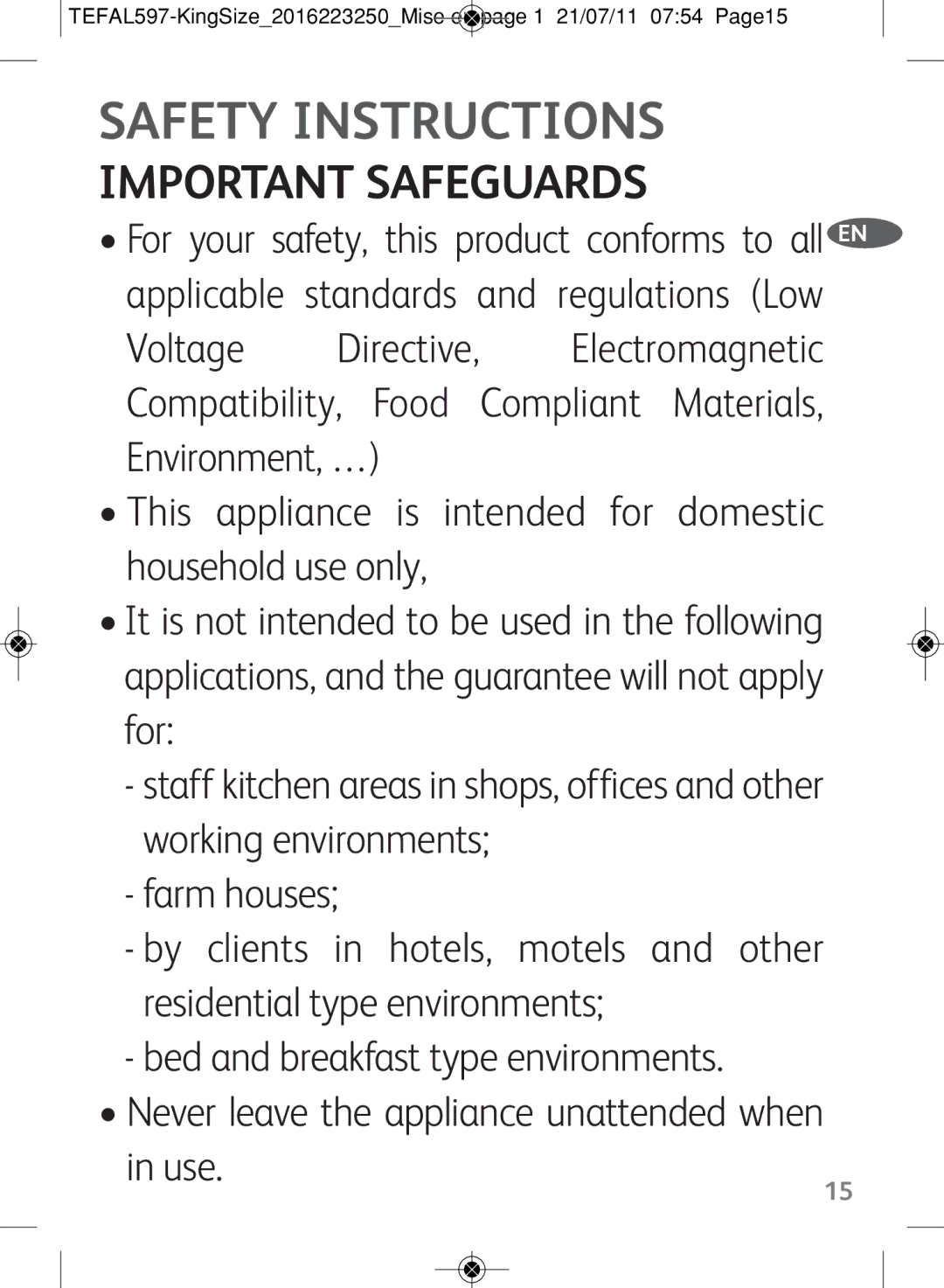 Tefal WM753D12 manual Safety Instructions 