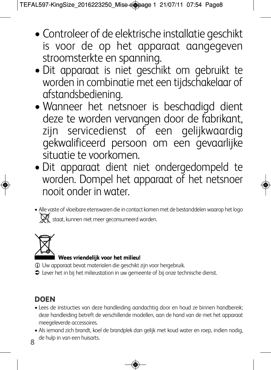 Tefal WM753D12 manual Doen, Wees vriendelijk voor het milieu 