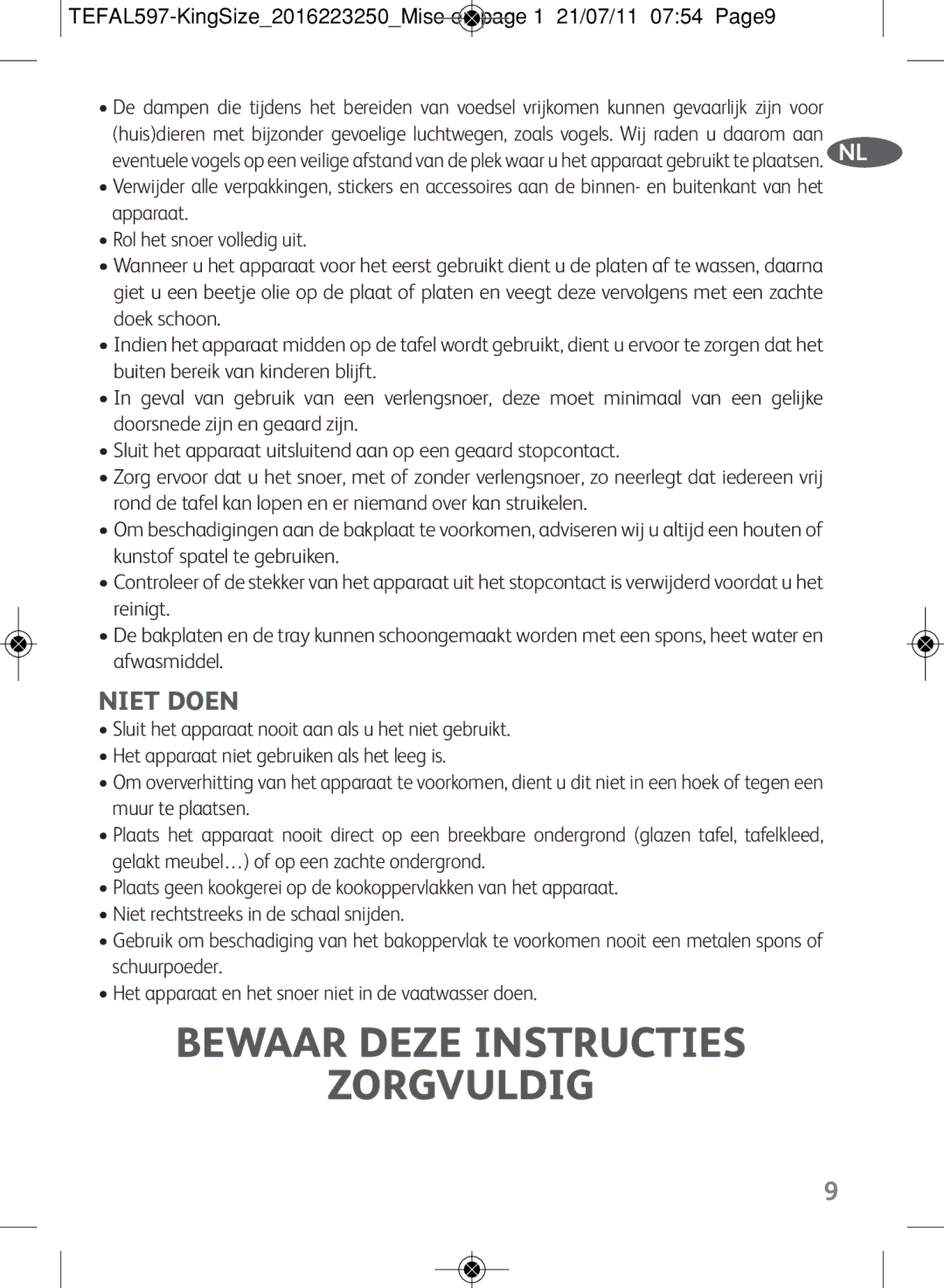 Tefal WM753D12 manual Niet Doen 