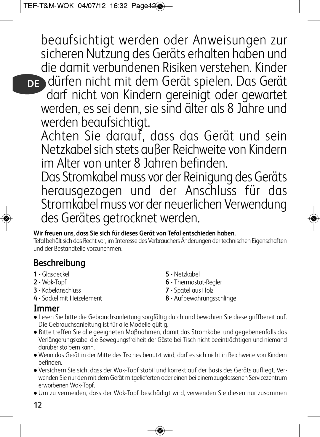 Tefal WO601601 manual Beschreibung, Immer, TEF-T&M-WOK 04/07/12 1632 Page12 