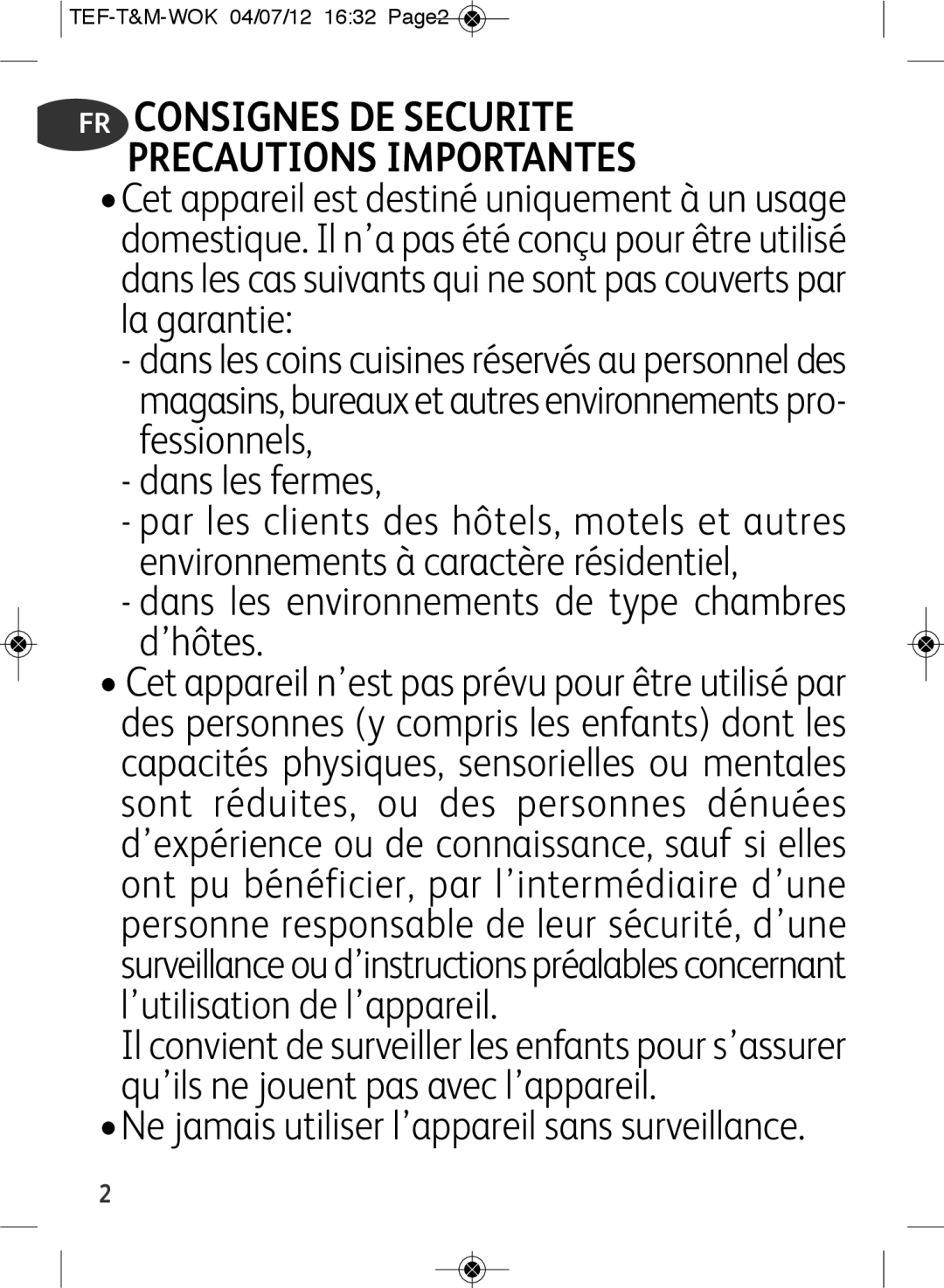 Tefal WO601601 manual FR Consignes DE Securite Precautions Importantes, TEF-T&M-WOK 04/07/12 1632 Page2 