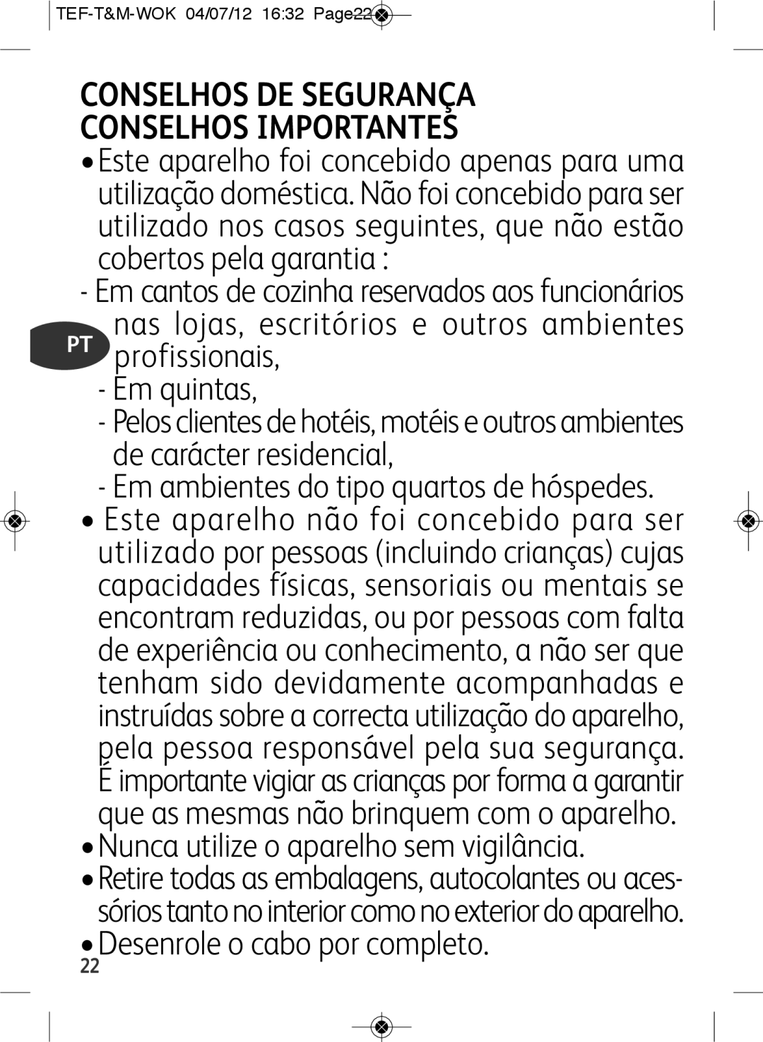 Tefal WO601601 manual Conselhos DE Segurança Conselhos Importantes, TEF-T&M-WOK 04/07/12 1632 Page22 