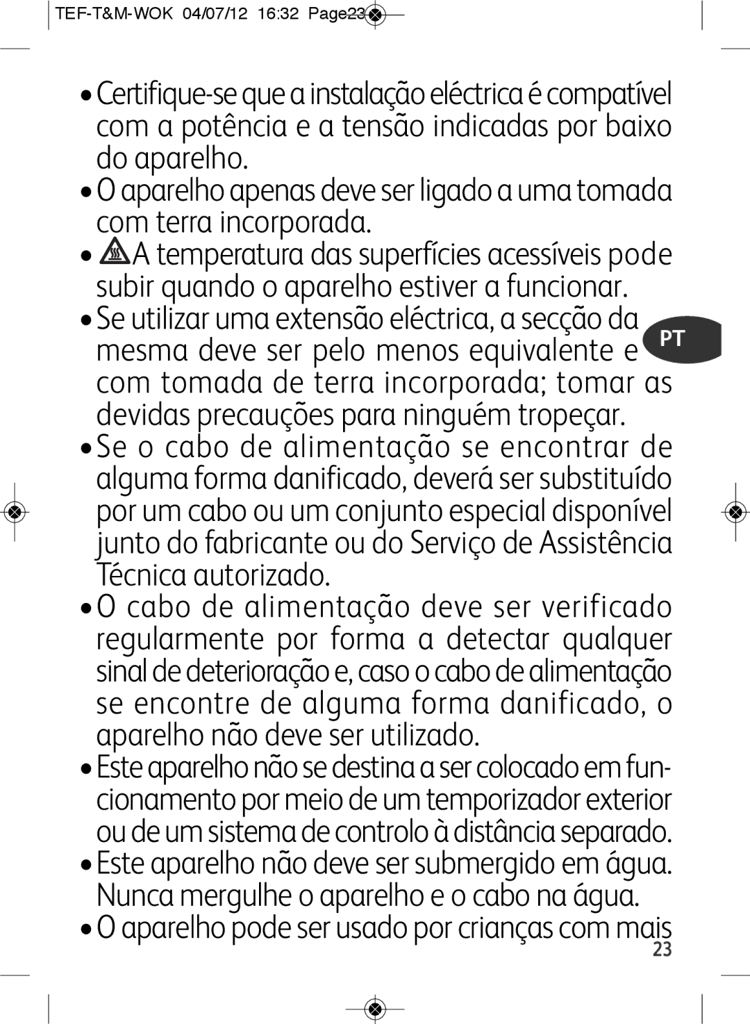 Tefal WO601601 manual Aparelho pode ser usado por crianças com mais, TEF-T&M-WOK 04/07/12 1632 Page23 