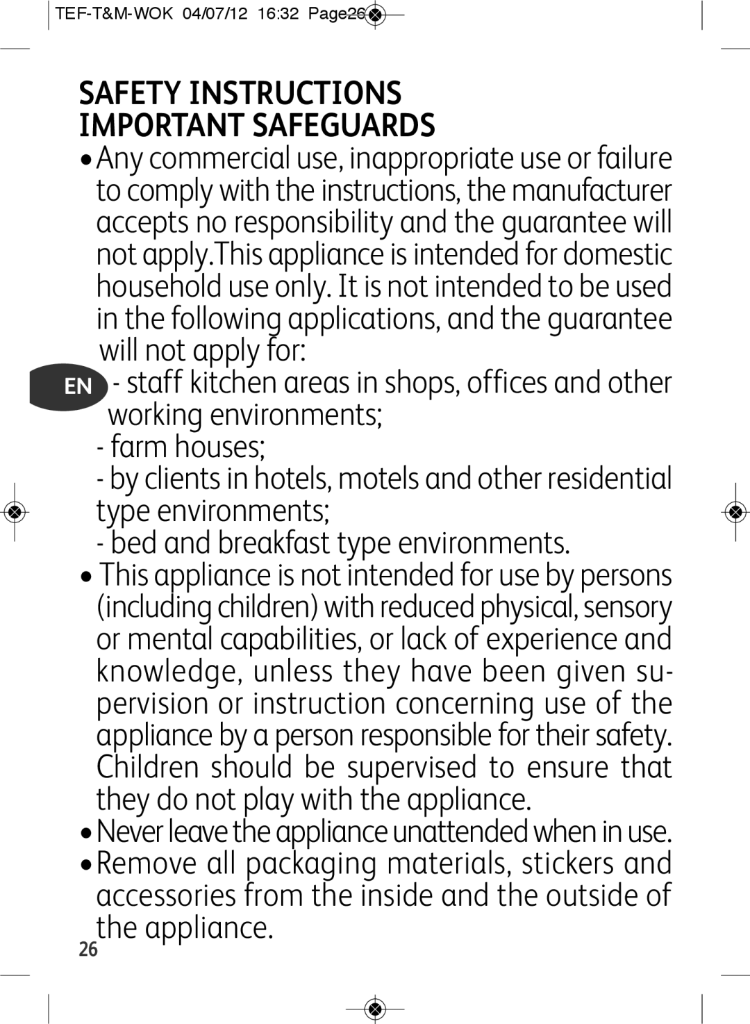 Tefal WO601601 manual Safety Instructions Important Safeguards, TEF-T&M-WOK 04/07/12 1632 Page26 