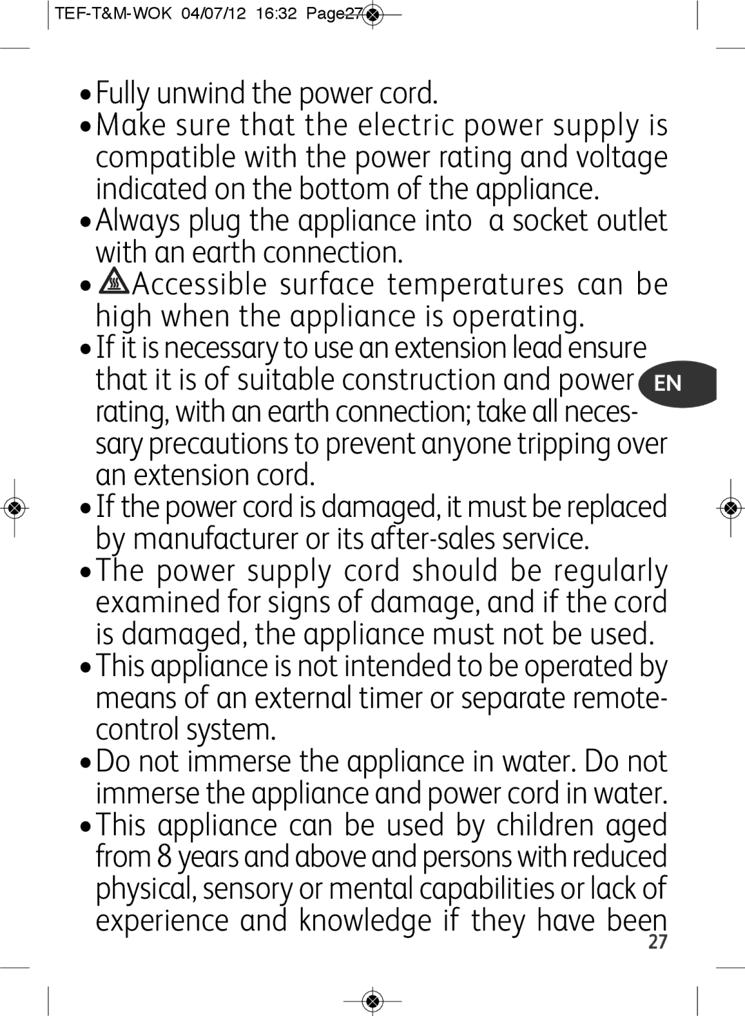 Tefal WO601601 manual Fully unwind the power cord, TEF-T&M-WOK 04/07/12 1632 Page27 