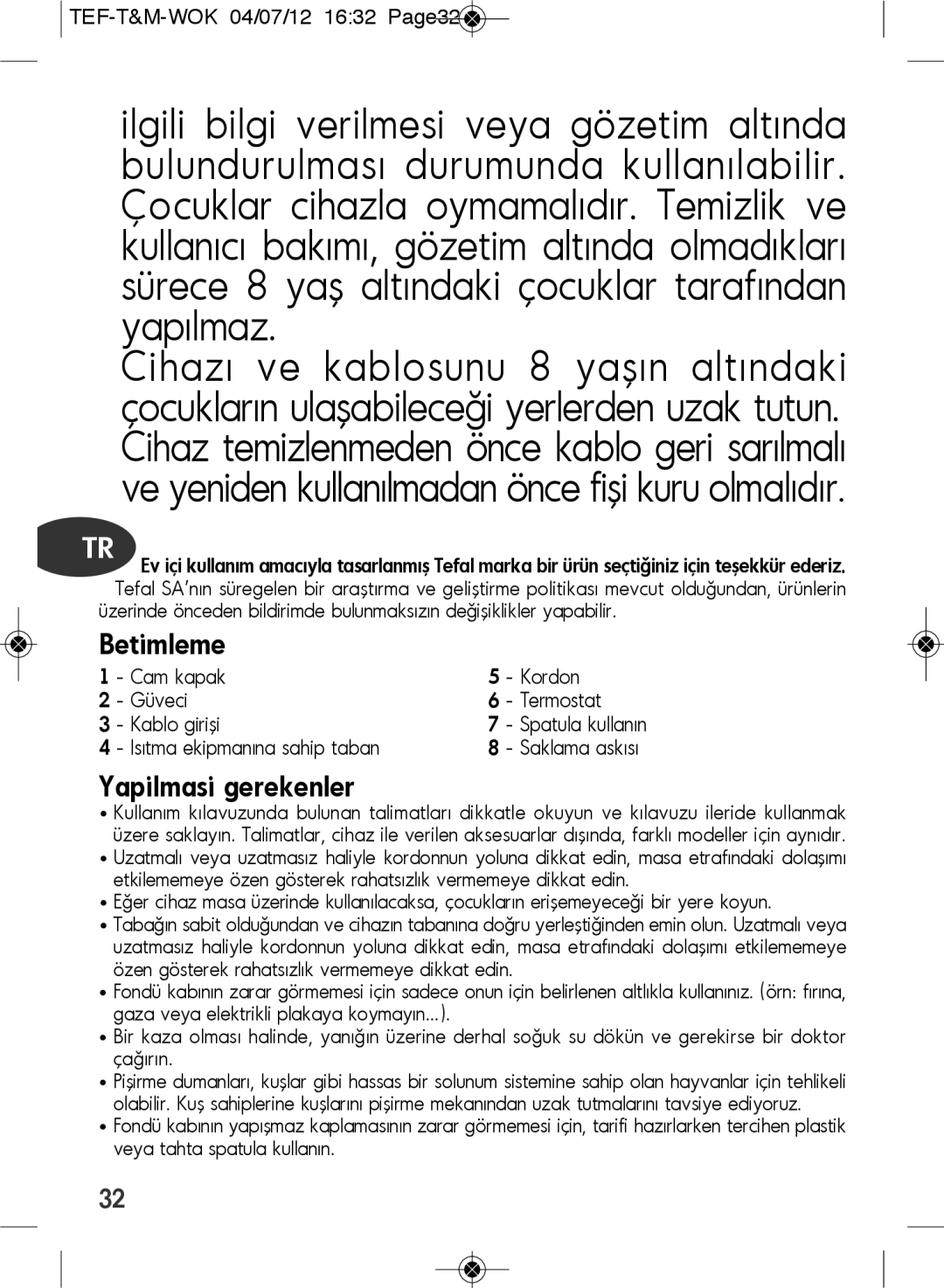 Tefal WO601601 manual Betimleme, TEF-T&M-WOK 04/07/12 1632 Page32 