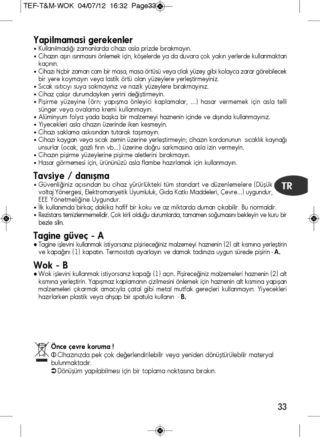 Tefal WO601601 manual Yapilmamasi gerekenler, TEF-T&M-WOK 04/07/12 1632 Page33 