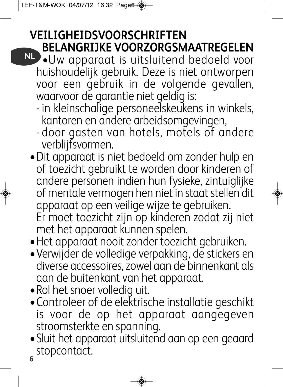 Tefal WO601601 manual Door gasten van hotels, motels of andere verblijfsvormen, TEF-T&M-WOK 04/07/12 1632 Page6 