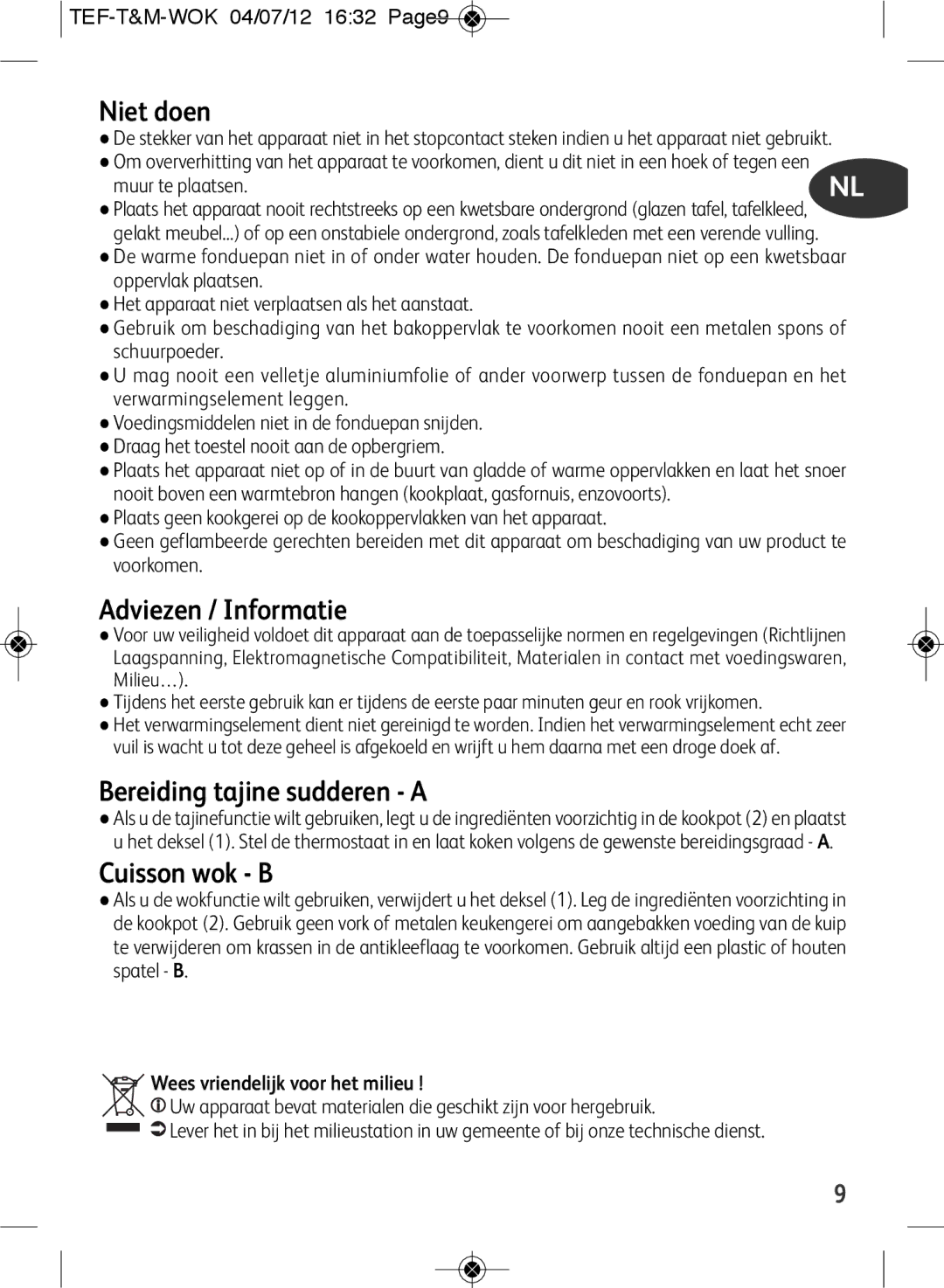 Tefal WO601601 manual Niet doen, Adviezen / Informatie, Bereiding tajine sudderen a, TEF-T&M-WOK 04/07/12 1632 Page9 