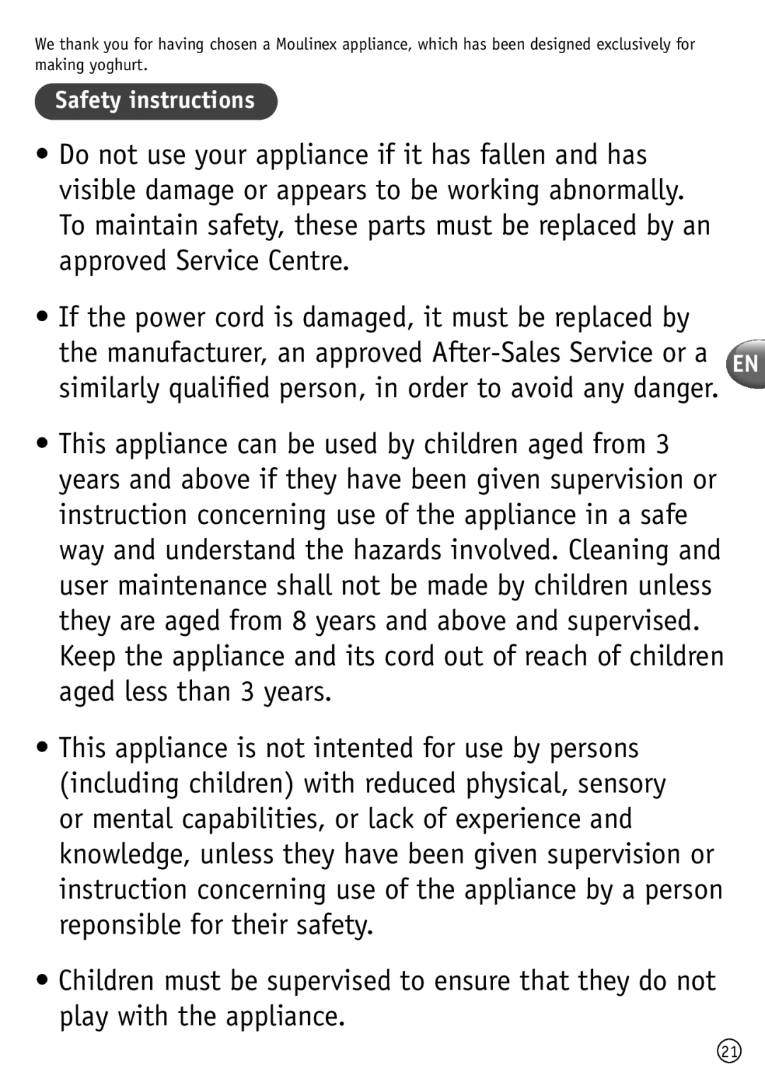 Tefal YG100111, YG652881 manual Safety instructions 