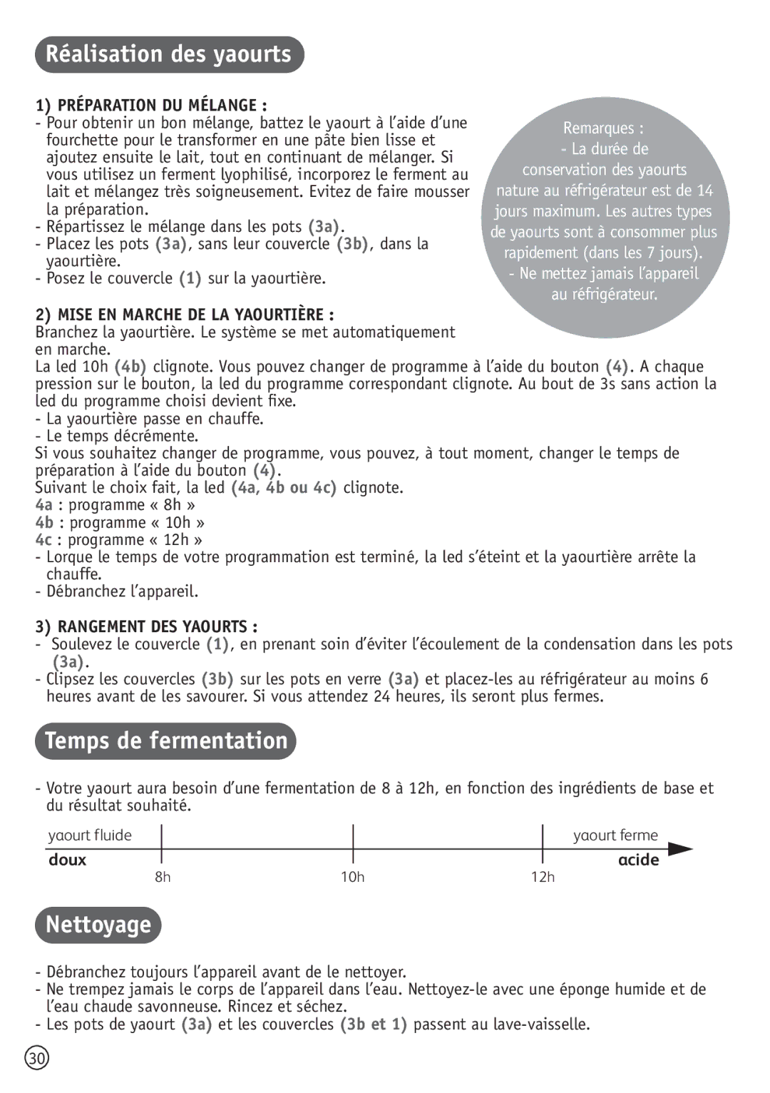 Tefal YG652881, YG100111 manual Réalisation des yaourts, Temps de fermentation, Nettoyage 