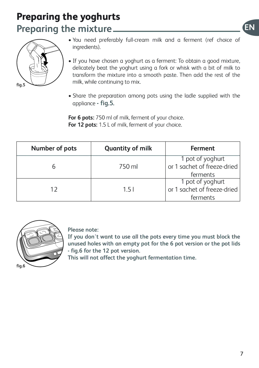 Tefal YG654860, YG654882, YG654851, YG654838, YG6548PUL, YG650126 manual Preparing the yoghurts, Preparing the mixture, Ferments 