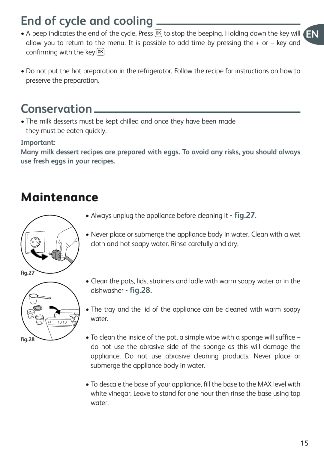 Tefal YG654860, YG654882, YG654851, YG654838 manual Conservation, Maintenance, Always unplug the appliance before cleaning it 