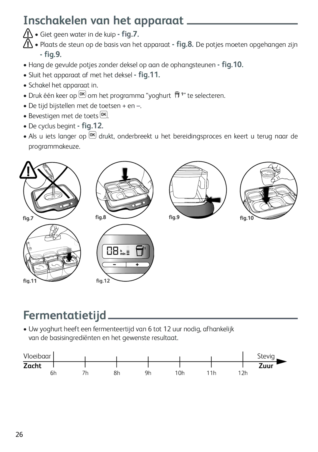 Tefal YG650126, YG654882, YG654851, YG654860 manual Inschakelen van het apparaat, Fermentatietijd, Giet geen water in de kuip 