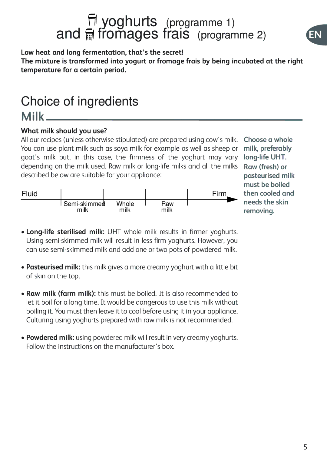 Tefal YG654882, YG654851, YG654860, YG654838, YG6548PUL, YG650126 manual Choice of ingredients, Milk, What milk should you use? 