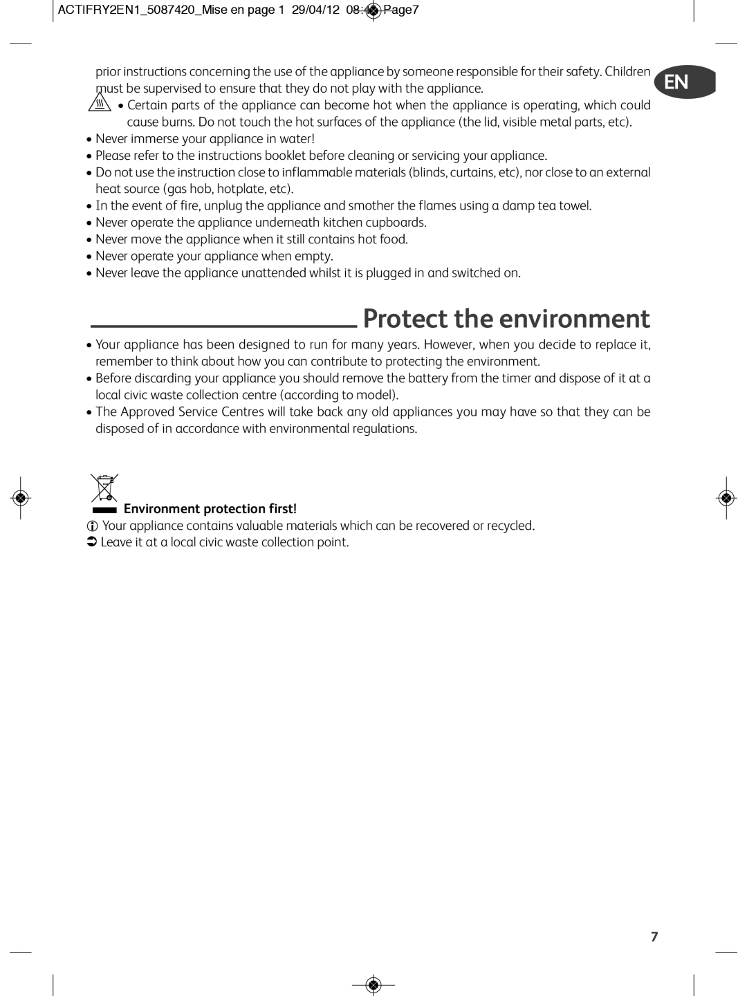 Tefal YV960140, YV960120, YV960116, YV960127, YV960128, YV960129 manual Protect the environment, Environment protection first 