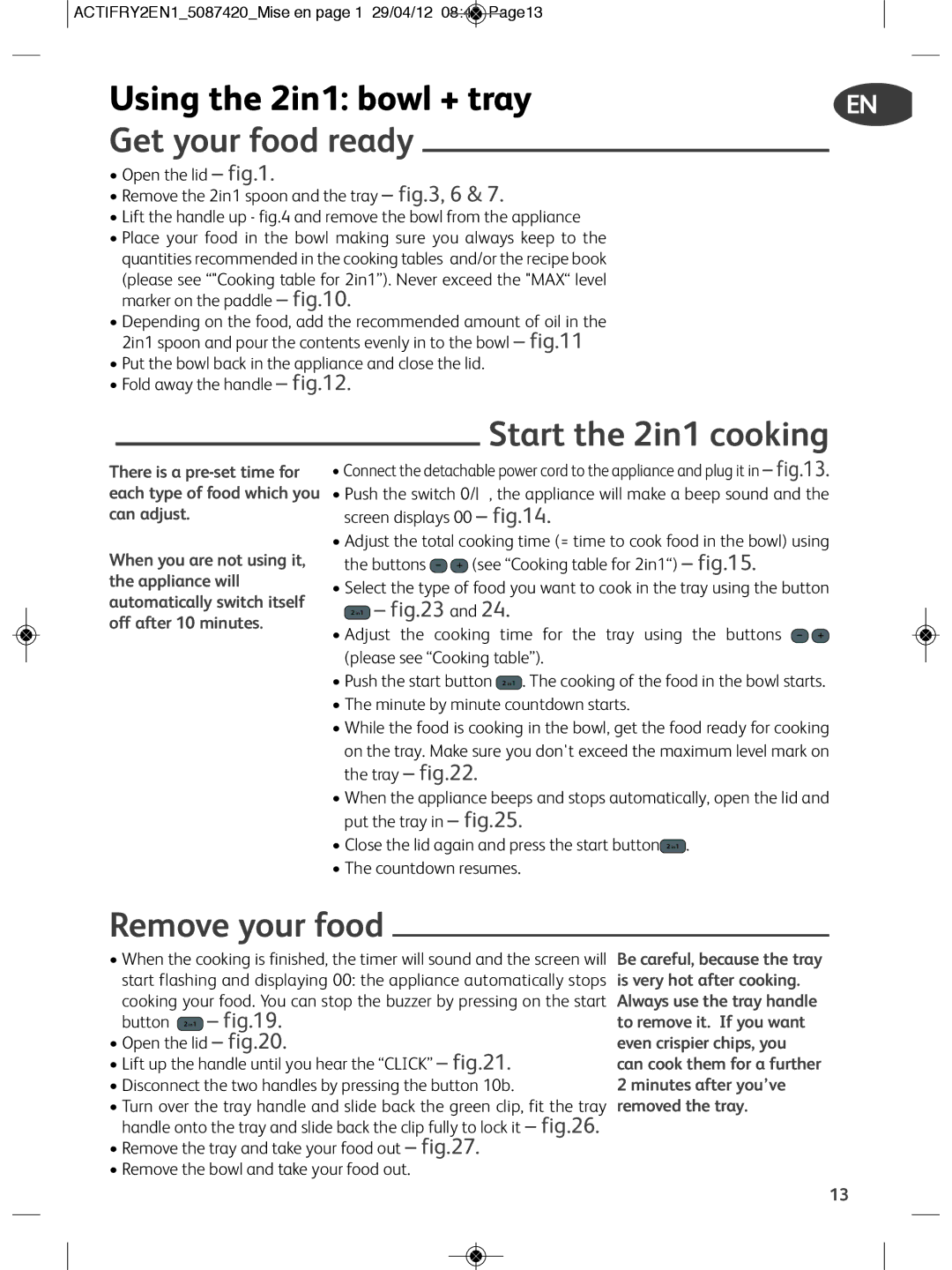 Tefal YV960128, YV960120, YV960116, YV960127, YV960129, YV960136 manual Using the 2in1 bowl + tray, Start the 2in1 cooking FA 