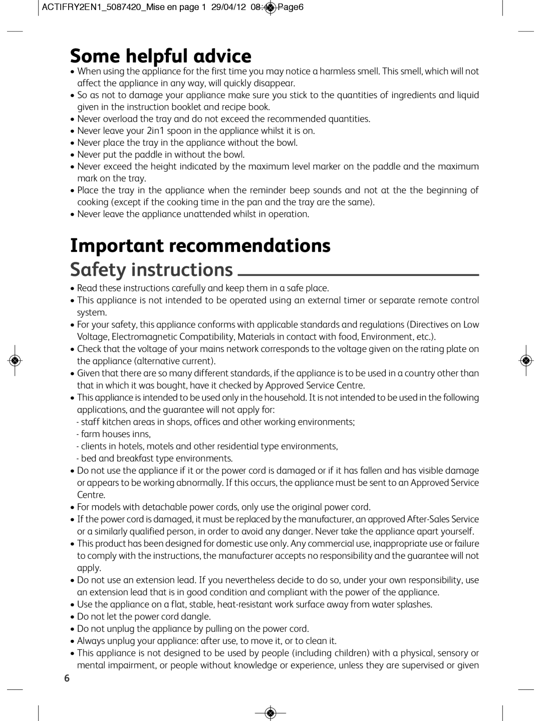 Tefal YV9601CH, YV960120, YV960116, YV960127, YV960128 Some helpful advice, Important recommendations, Safety instructions 