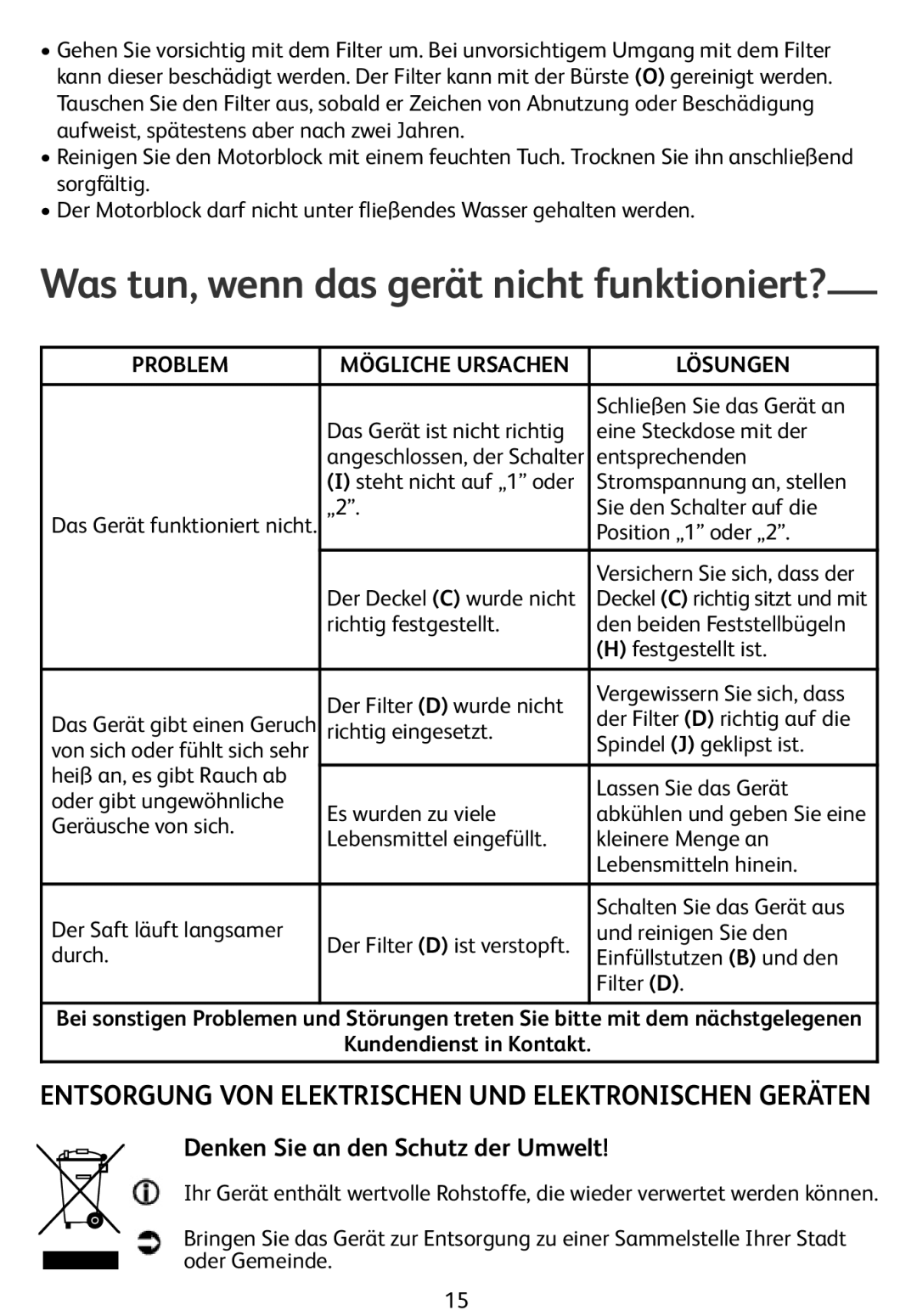 Tefal ZE400113 manual Was tun, wenn das gerät nicht funktioniert?, Denken Sie an den Schutz der Umwelt, Problem, Lösungen 