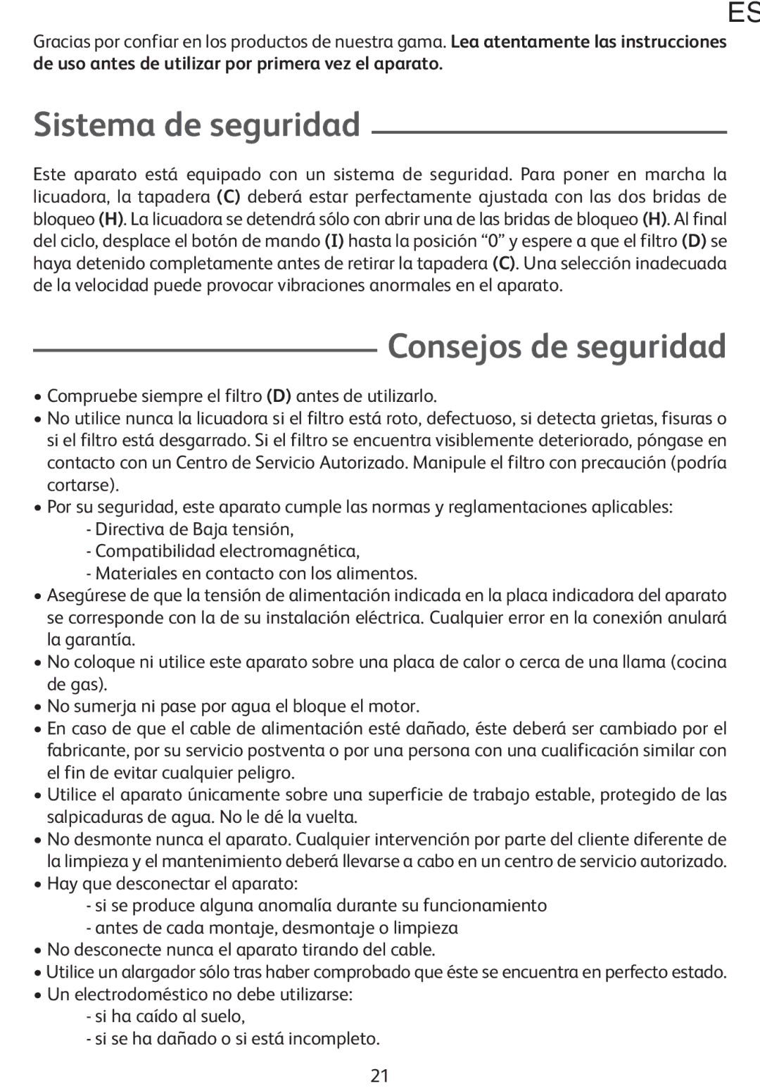 Tefal ZE400113, ZE400131 Sistema de seguridad, Consejos de seguridad, De uso antes de utilizar por primera vez el aparato 