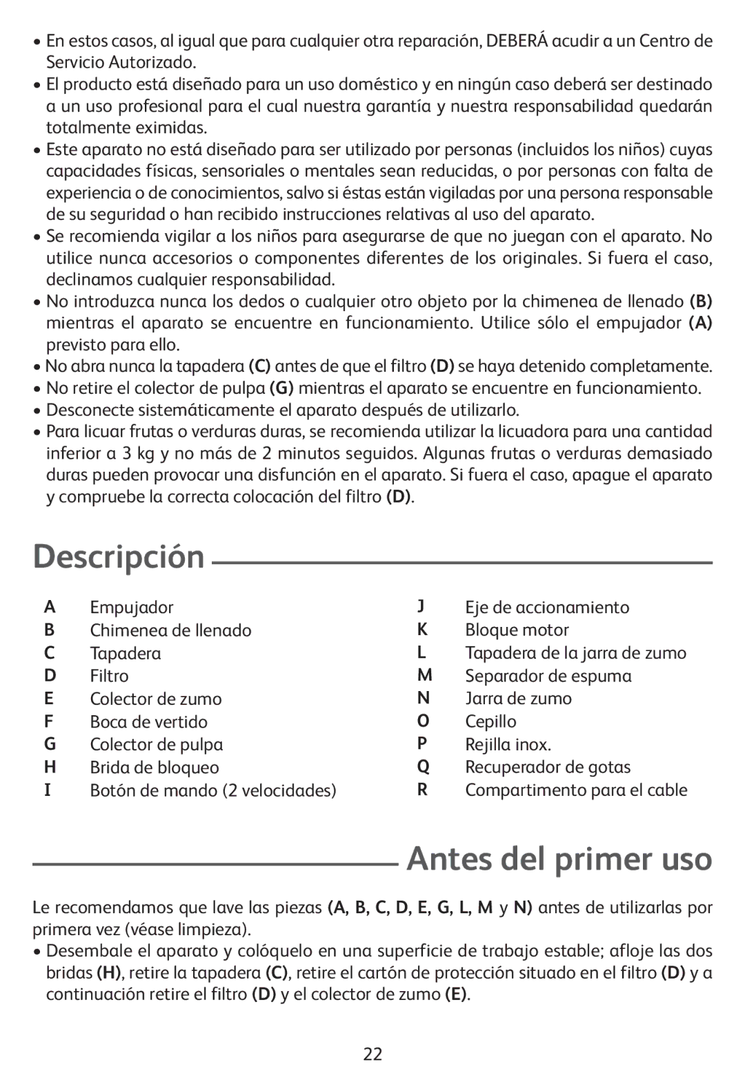 Tefal ZE400131, ZE400113 manual Descripción, Antes del primer uso 