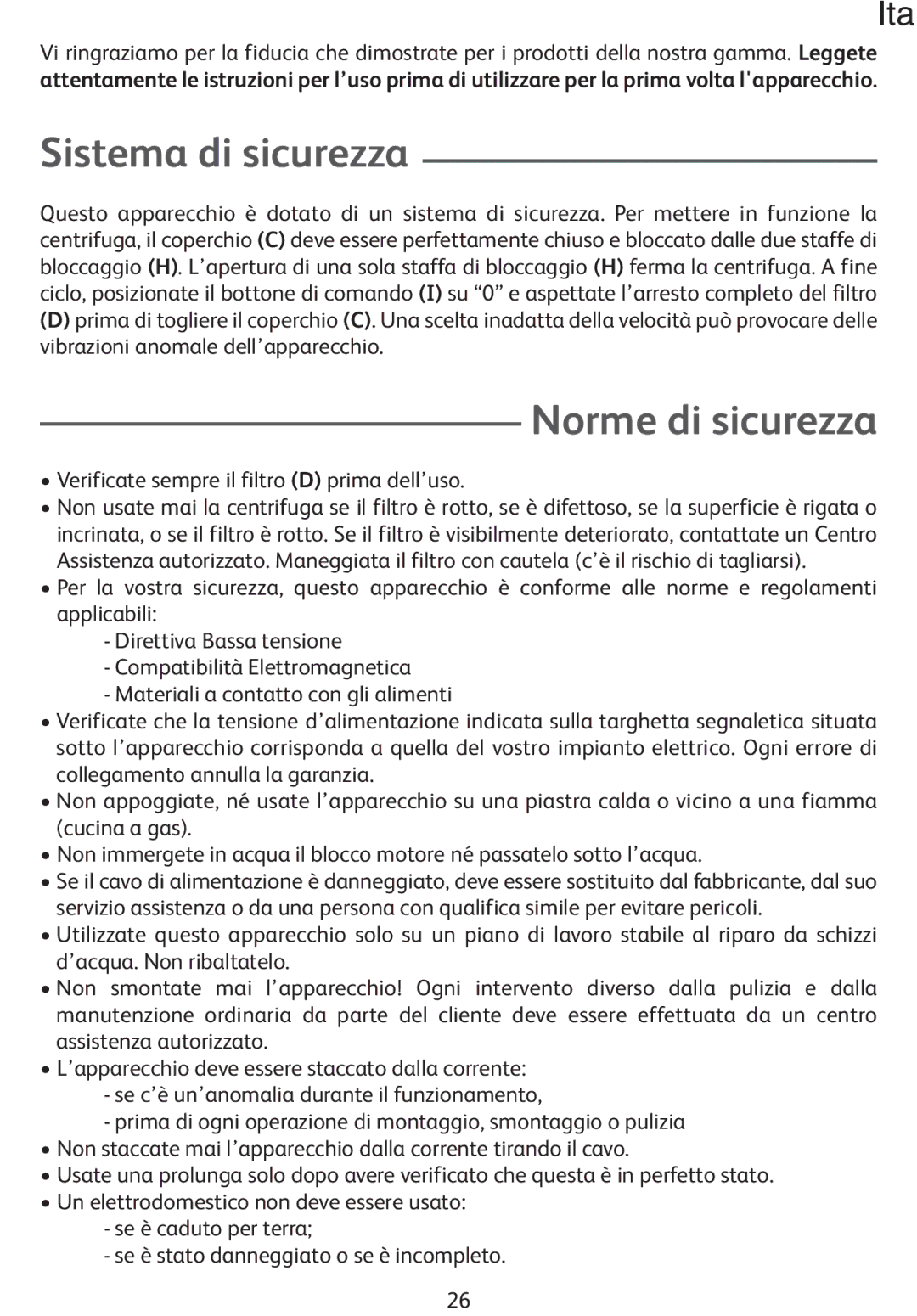 Tefal ZE400131, ZE400113 manual Sistema di sicurezza, Norme di sicurezza, Verificate sempre il filtro D prima dell’uso 