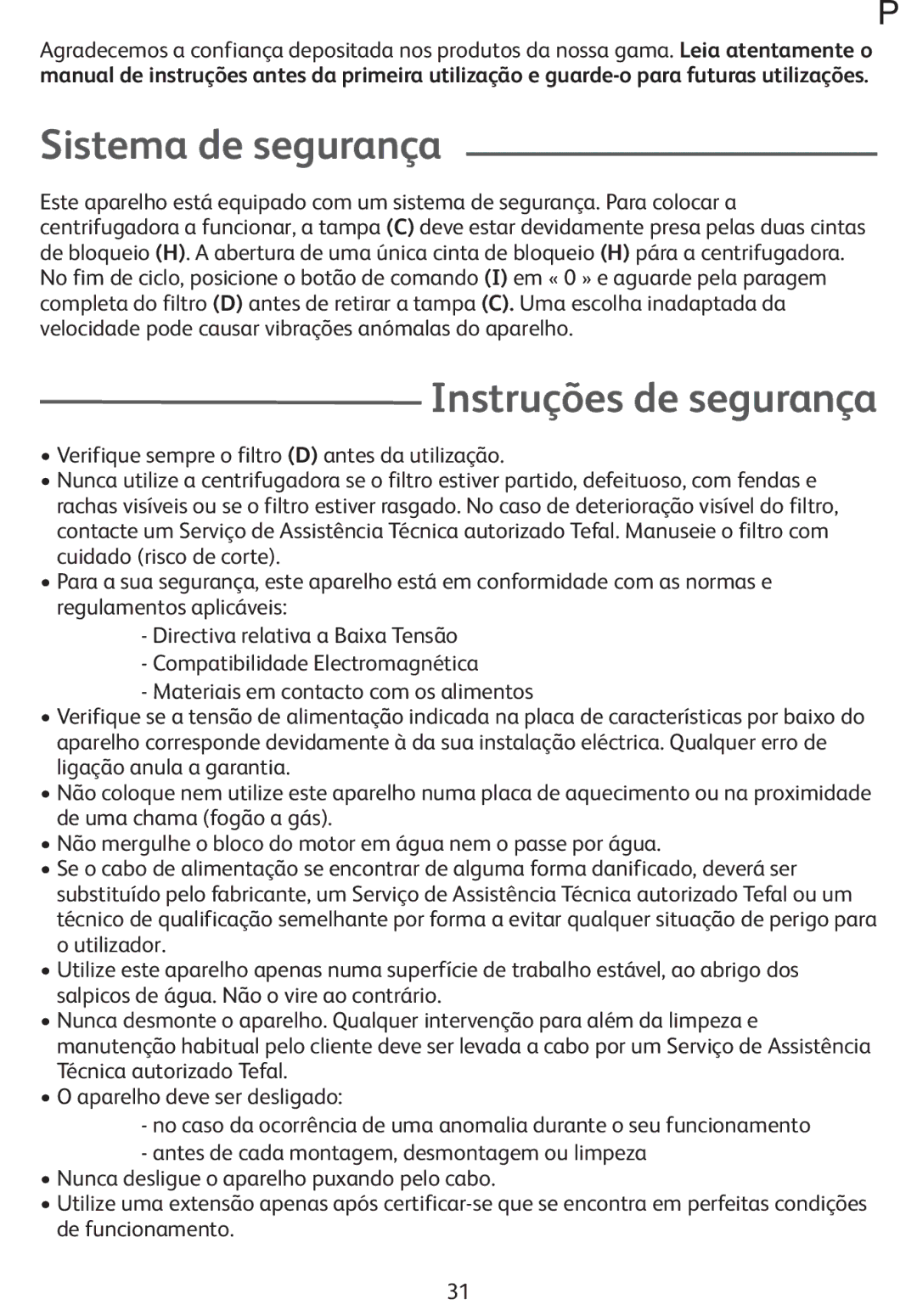 Tefal ZE400113, ZE400131 manual Sistema de segurança, Instruções de segurança 