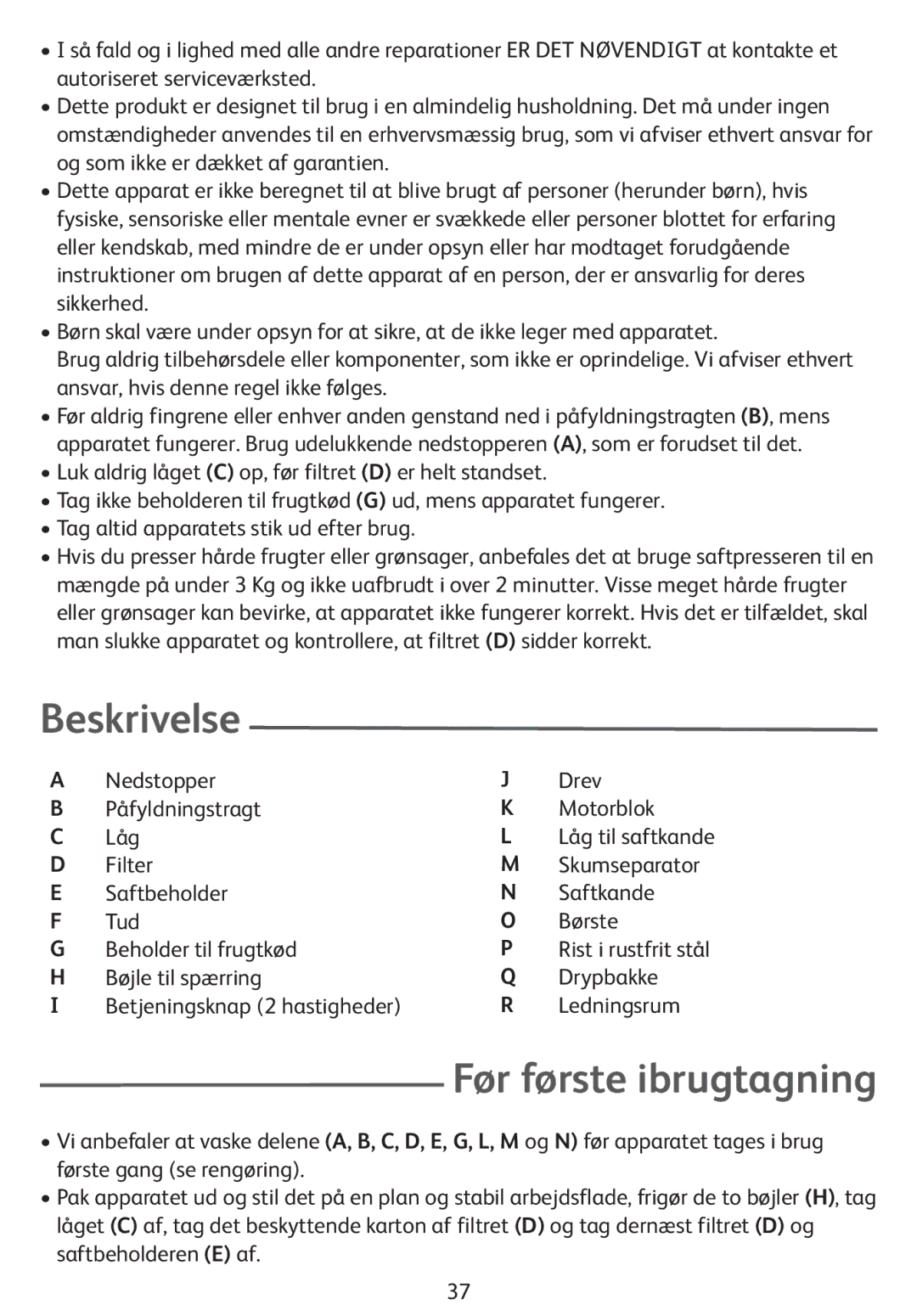 Tefal ZE400113, ZE400131 manual Beskrivelse, Før første ibrugtagning 