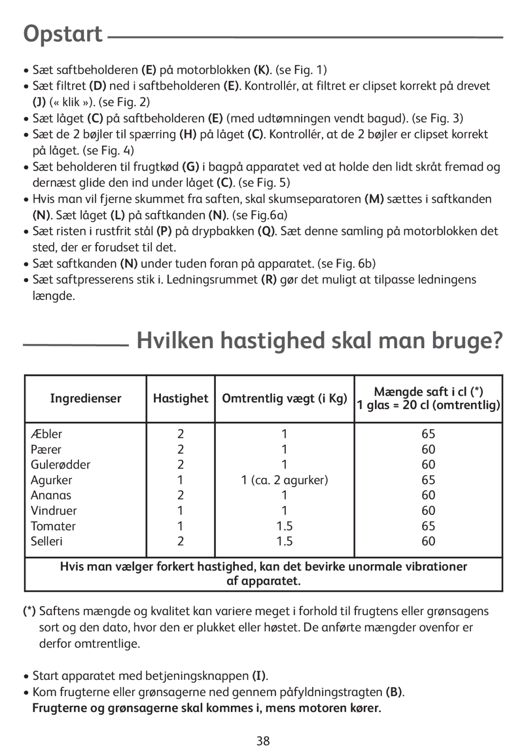 Tefal ZE400131, ZE400113 manual Opstart, Hvilken hastighed skal man bruge?, Ingredienser Hastighet, Mængde saft i cl 