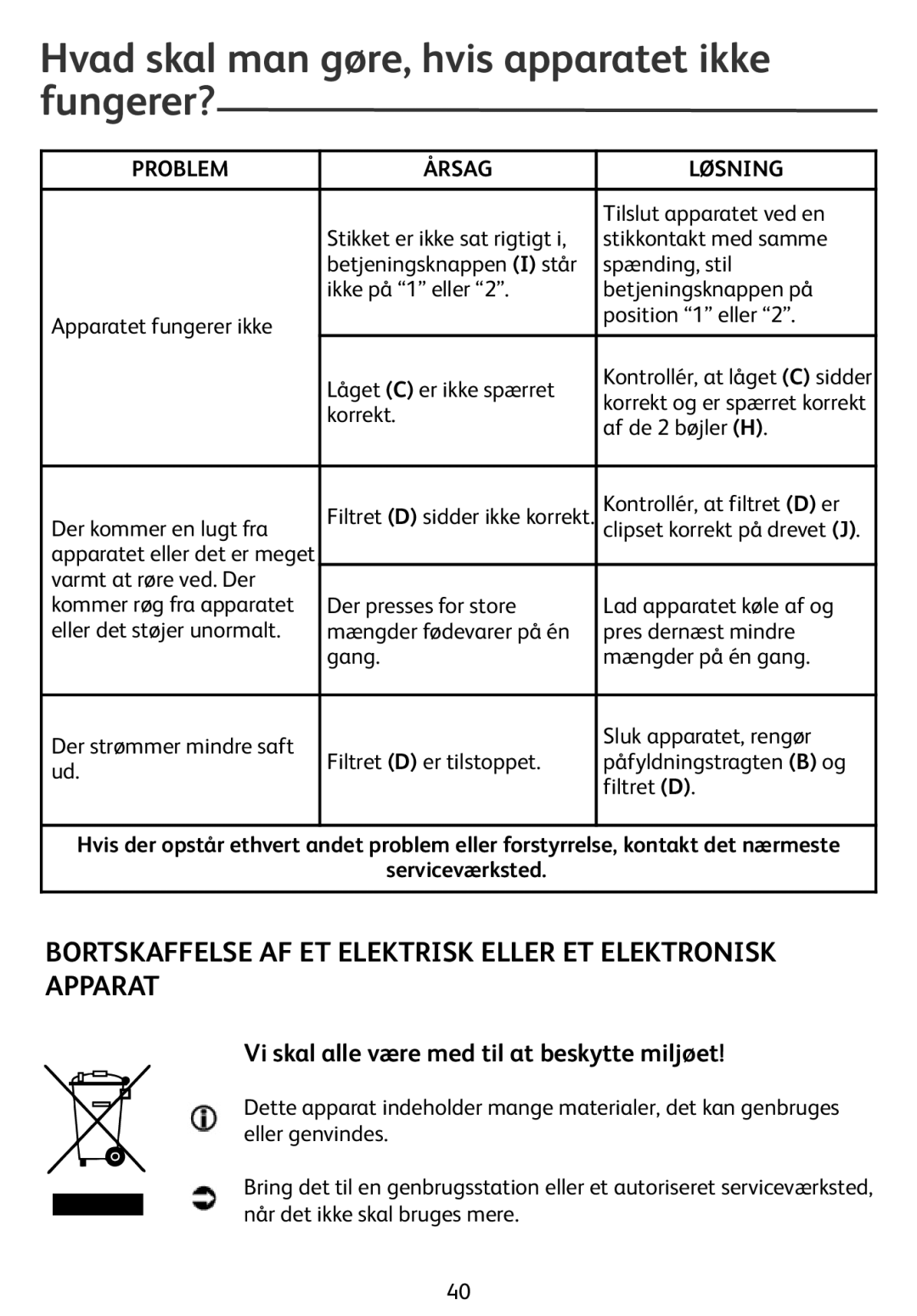 Tefal ZE400131 manual Hvad skal man gøre, hvis apparatet ikke fungerer?, Bortskaffelse AF ET Elektrisk Eller ET Elektronisk 