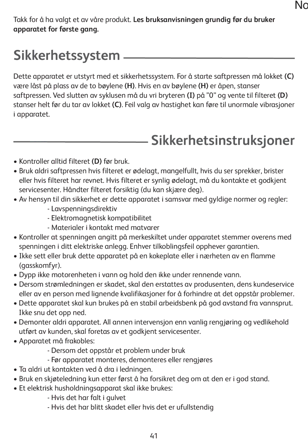 Tefal ZE400113, ZE400131 manual Sikkerhetssystem, Sikkerhetsinstruksjoner 