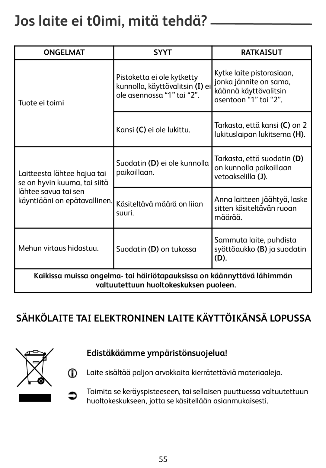 Tefal ZE400113, ZE400131 manual Jos laite ei t0imi, mitä tehdä?, Sähkölaite TAI Elektroninen Laite Käyttöikänsä Lopussa 