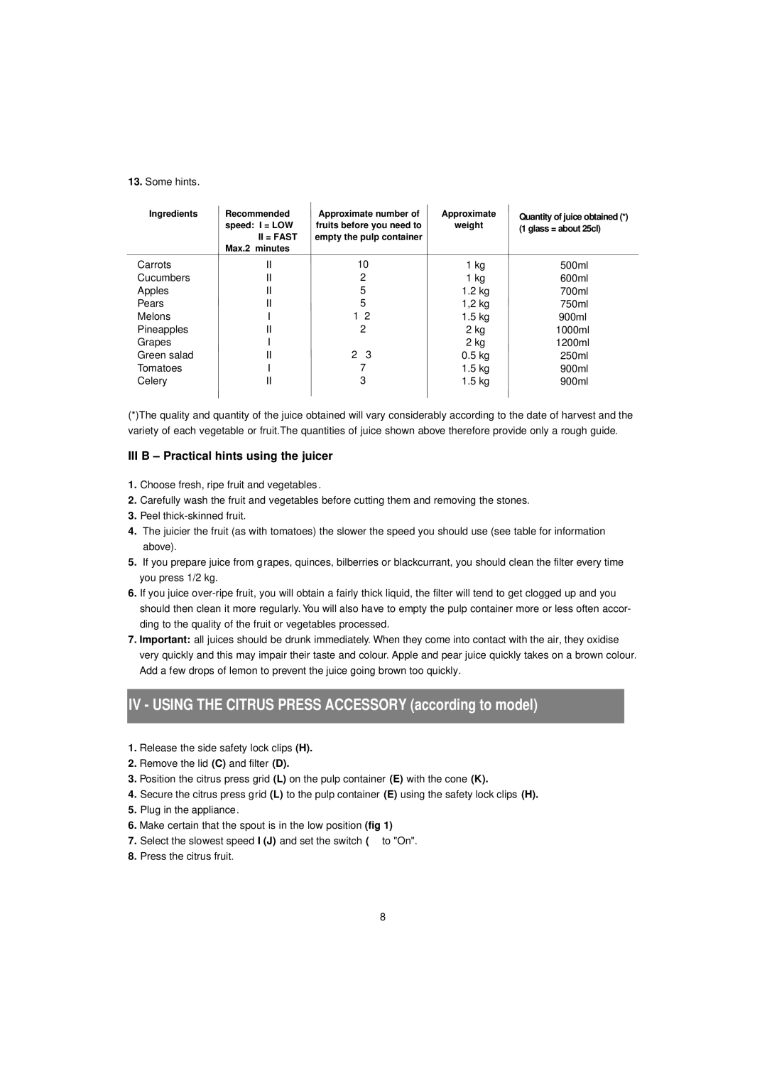 Tefal ZE700113, ZE400188, ZE700131 manual III B Practical hints using the juicer, Some hints 