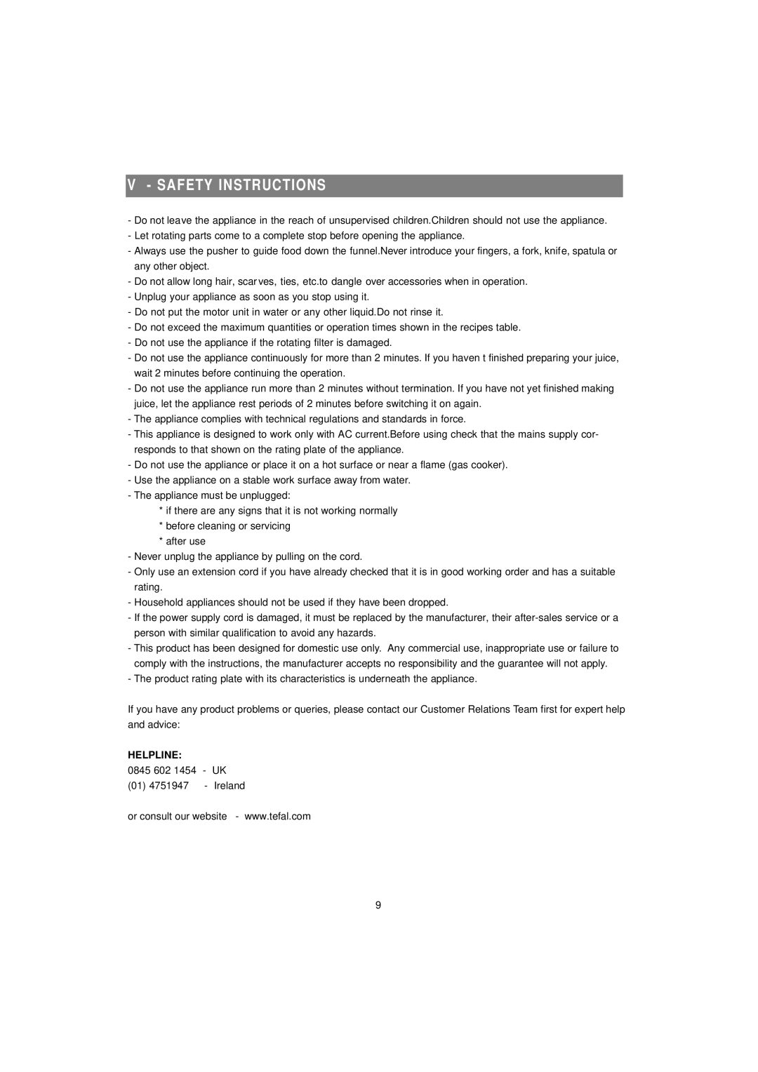 Tefal ZE400188, ZE700131, ZE700113 manual Safety Instructions, 0845 602 1454 UK 01 4751947 Ireland 