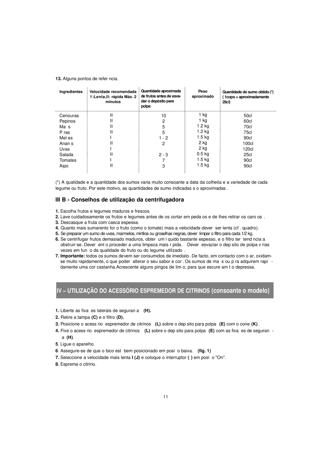 Tefal ZE700113, ZE400188, ZE700131 manual III B Conselhos de utilização da centrifugadora 