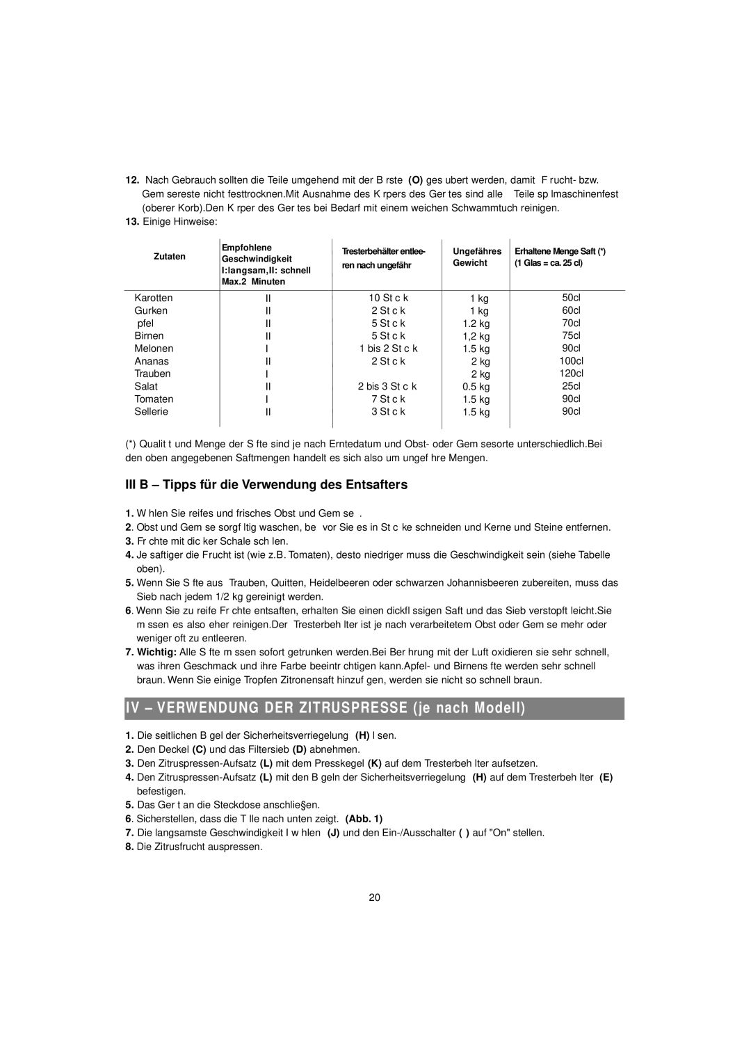 Tefal ZE700113, ZE400188, ZE700131 manual III B Tipps für die Verwendung des Entsafters 