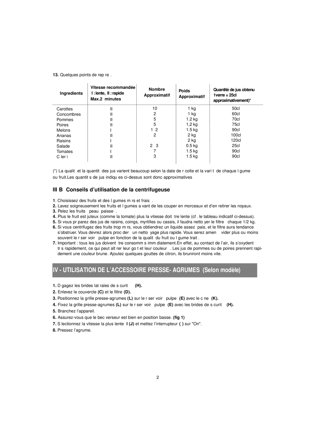 Tefal ZE700113, ZE400188, ZE700131 manual III B Conseils d’utilisation de la centrifugeuse 