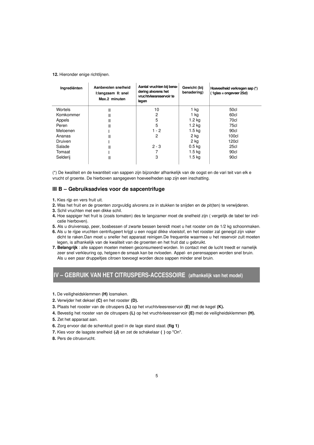 Tefal ZE700113, ZE400188, ZE700131 manual III B Gebruiksadvies voor de sapcentrifuge 