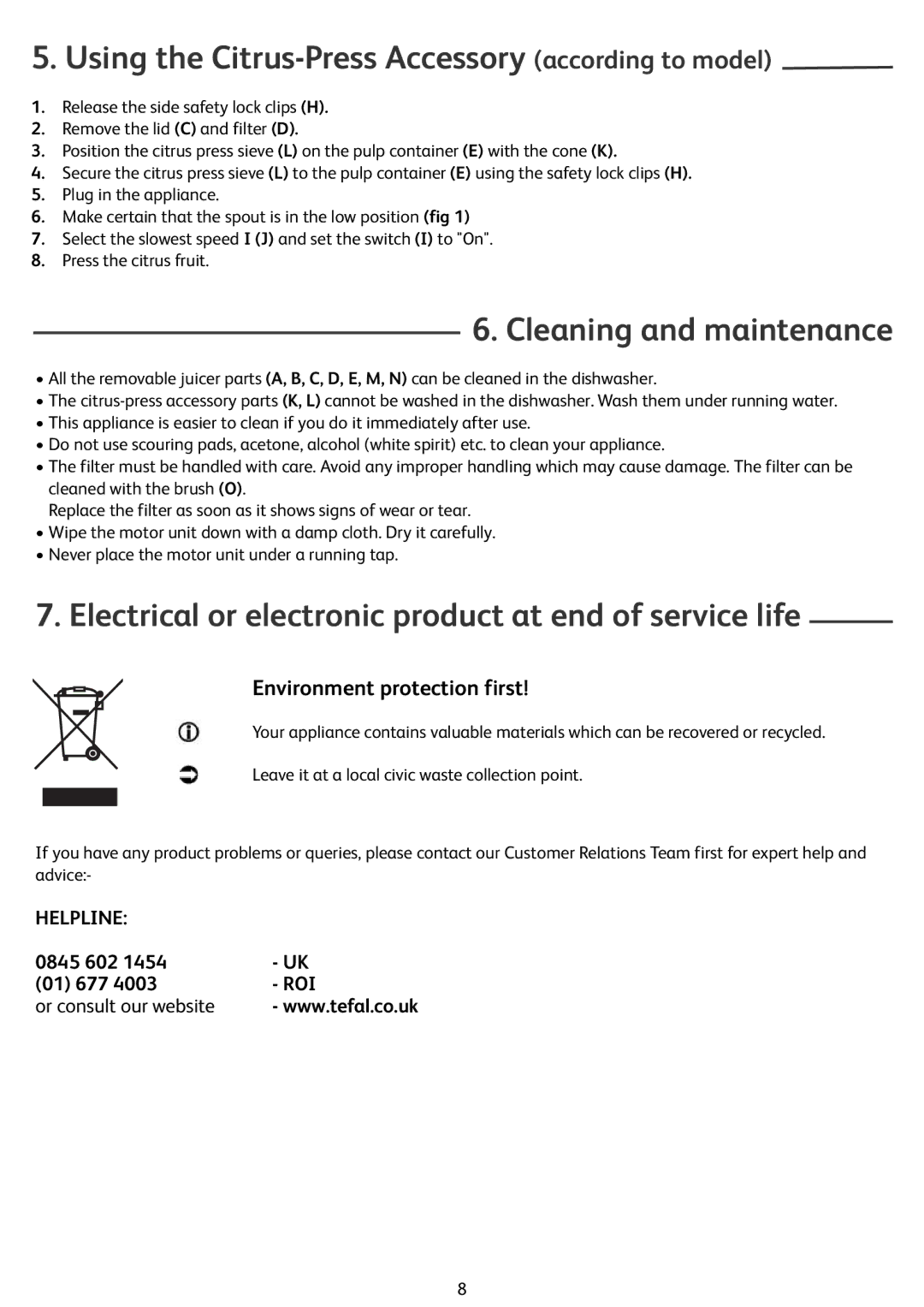 Tefal ZN355H66 Using the Citrus-Press Accessory according to model, Cleaning and maintenance, Environment protection first 