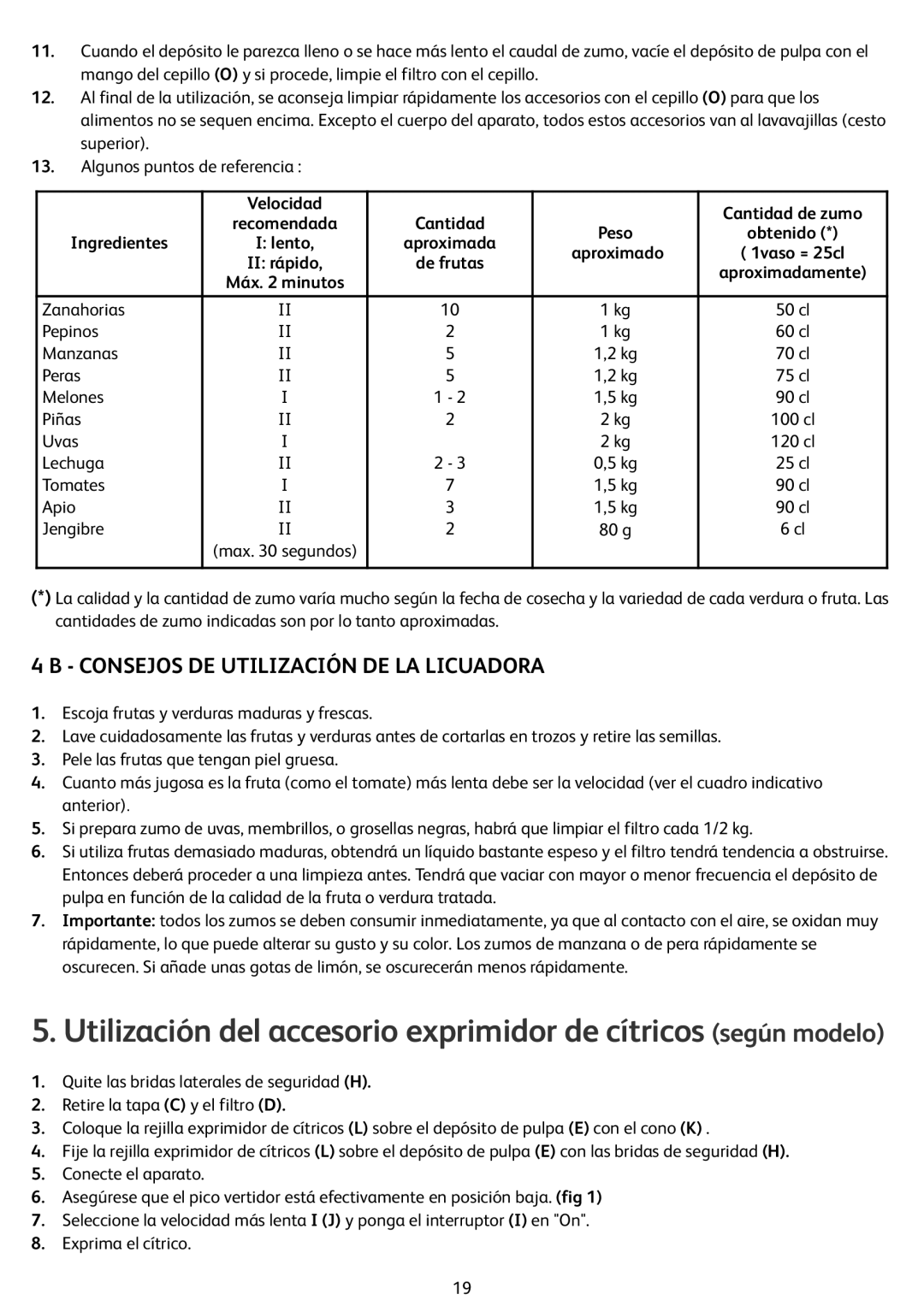 Tefal ZN355H66 manual Consejos DE Utilización DE LA Licuadora, Velocidad Cantidad de zumo, Ingredientes 