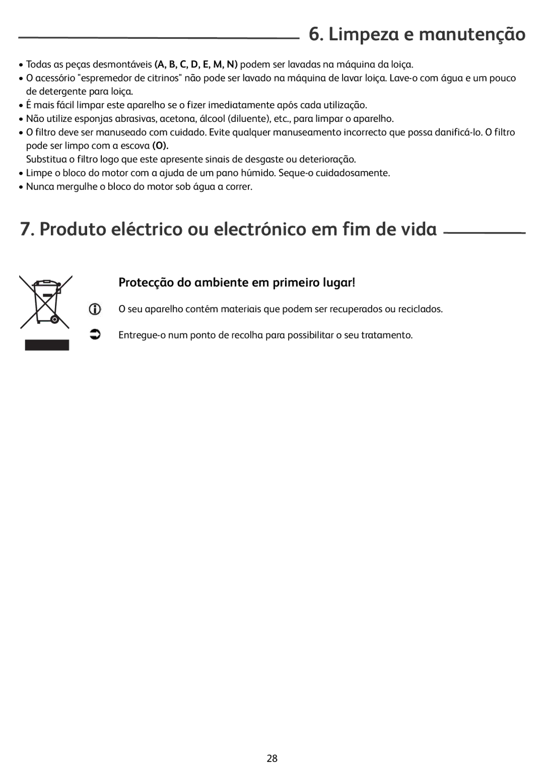 Tefal ZN355H66 manual Limpeza e manutenção, Produto eléctrico ou electrónico em fim de vida 